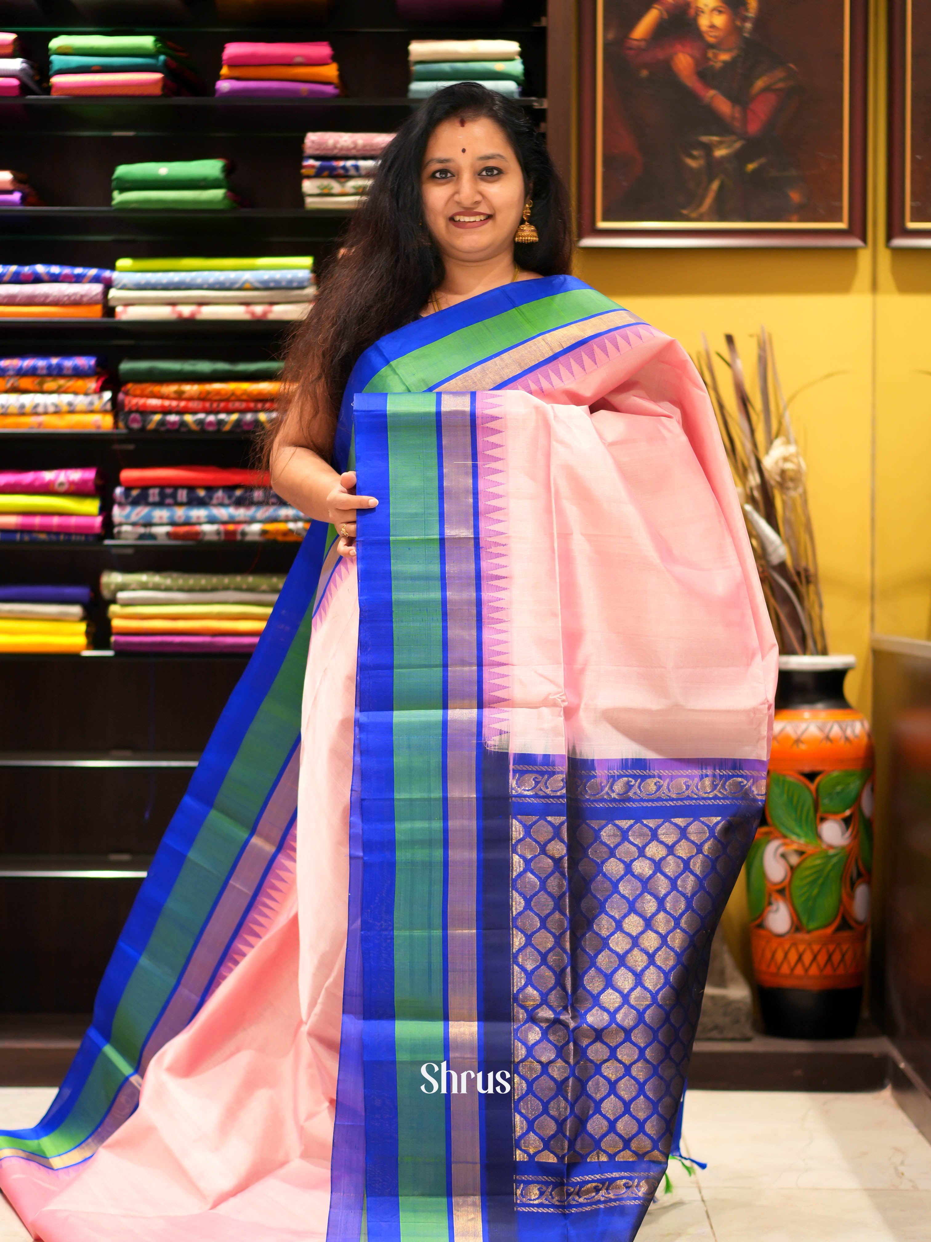 Pink & Blue - Silk Cotton Saree - Shop on ShrusEternity.com