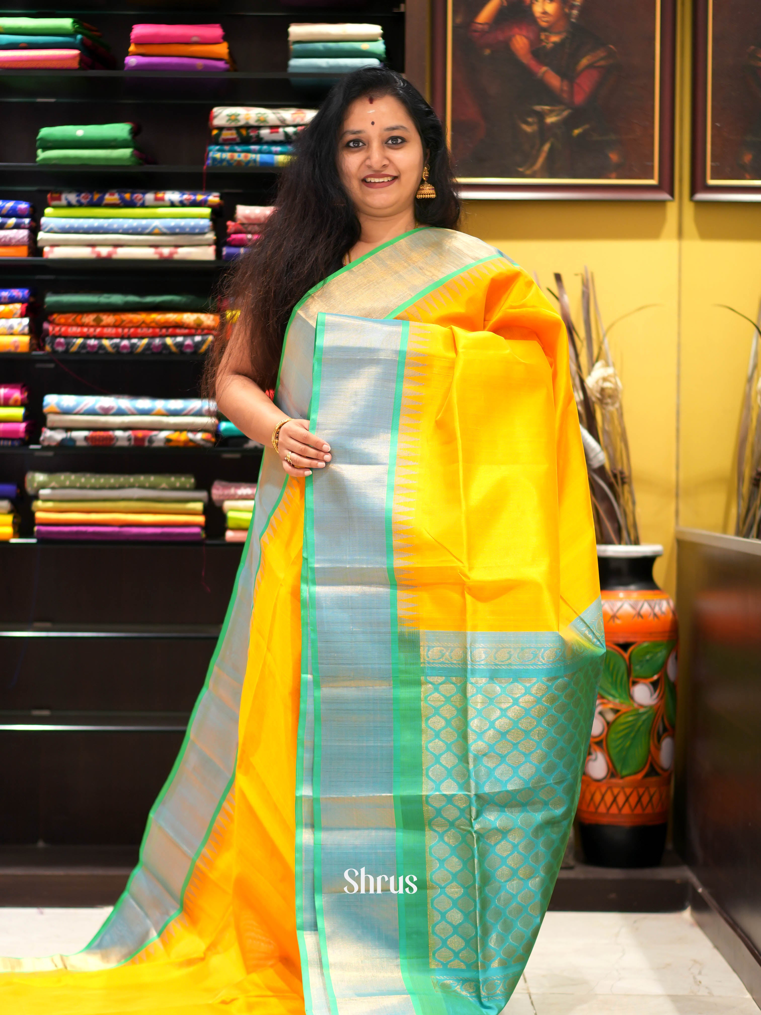 Yellow & Teal - Silk Cotton Saree - Shop on ShrusEternity.com