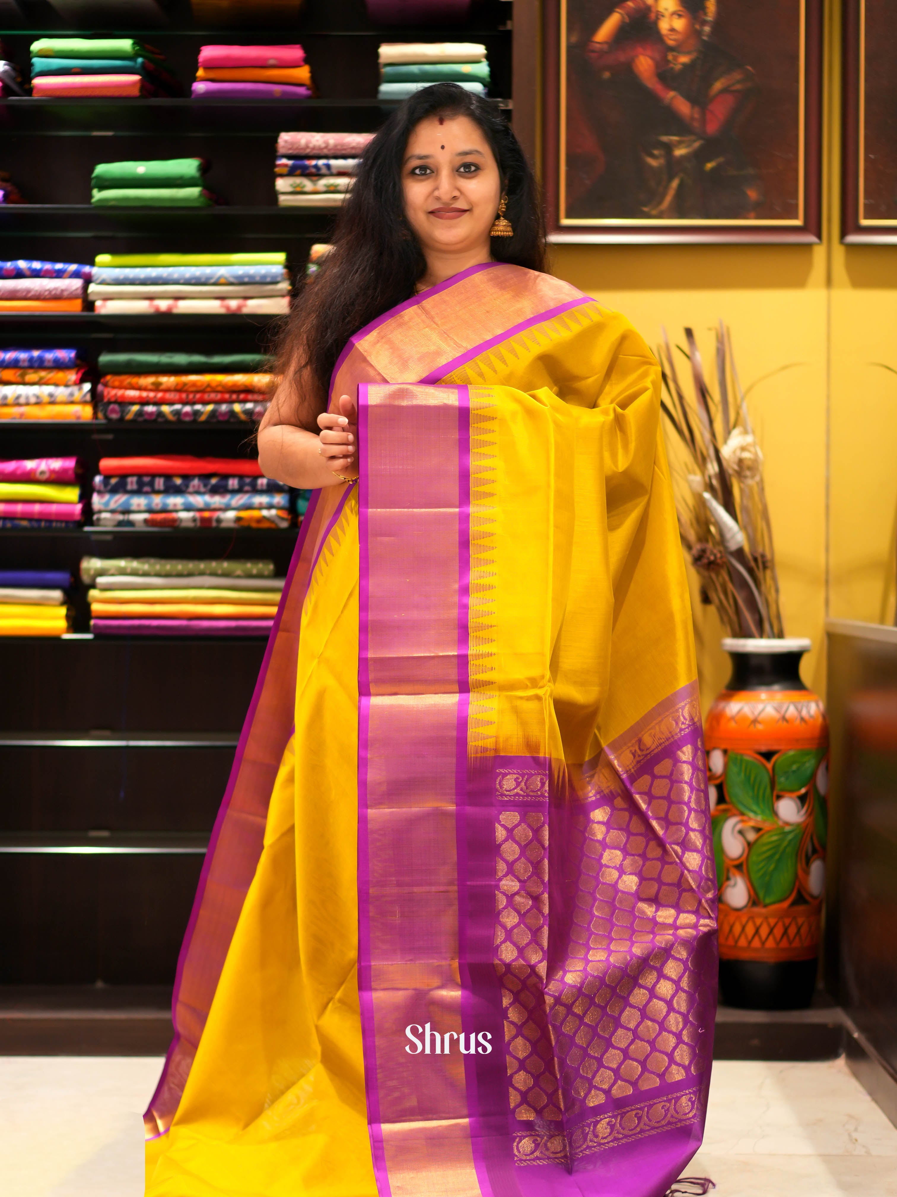 Yellow & Purple - Silk Cotton Saree - Shop on ShrusEternity.com
