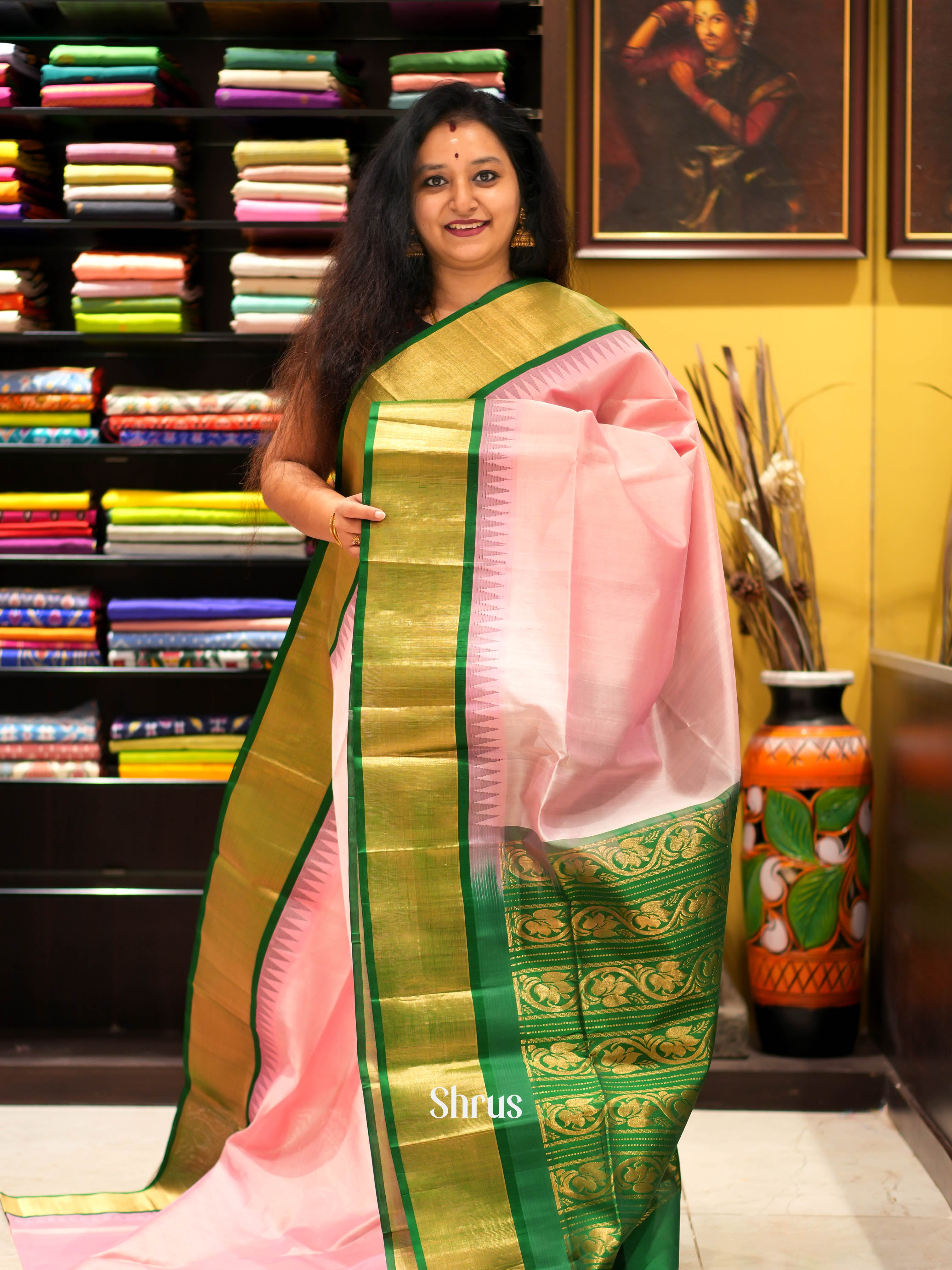 Pink & Green - Silk cotton Saree - Shop on ShrusEternity.com