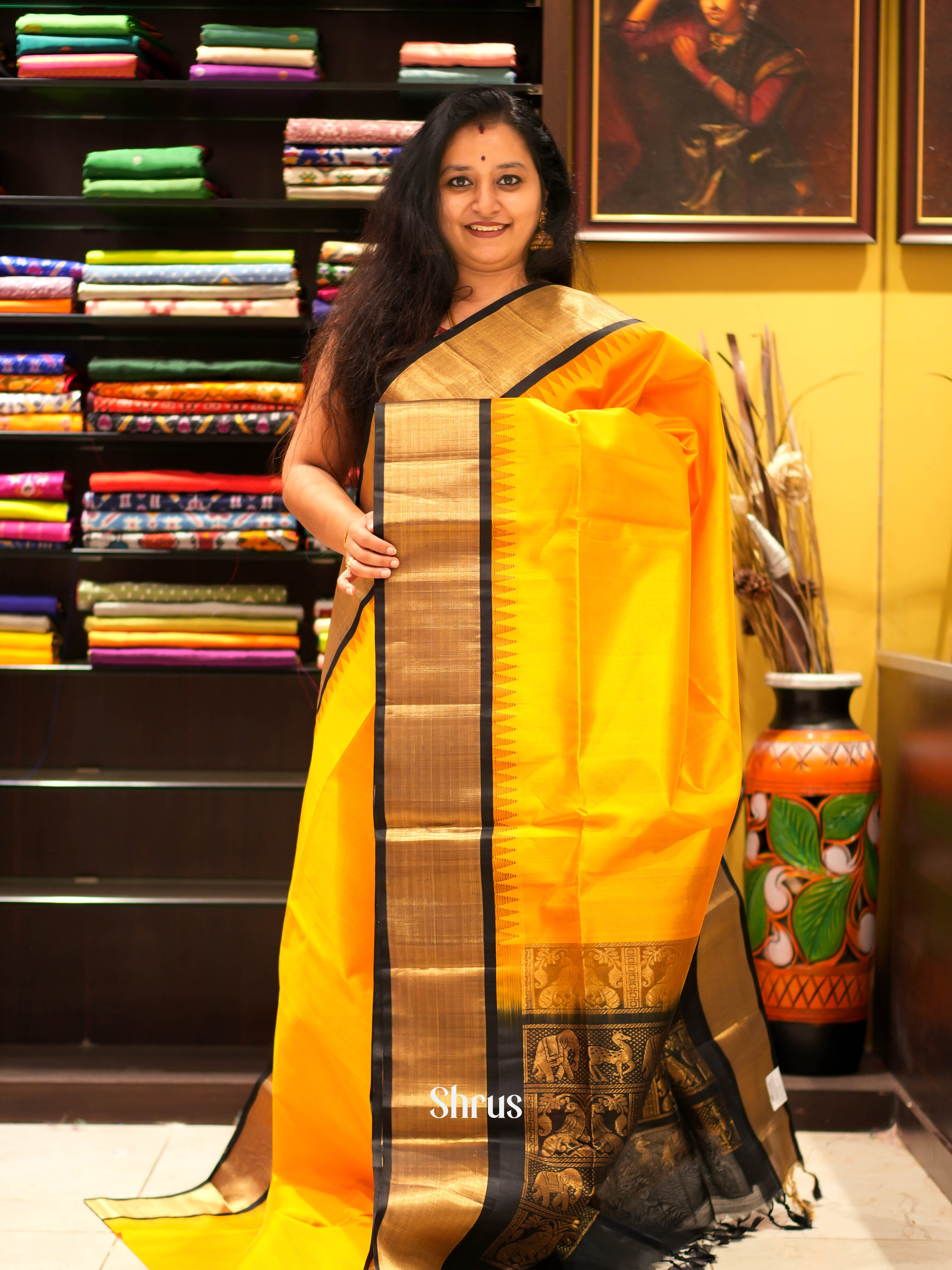 Yellow & Brown- Silk Cotton Saree - Shop on ShrusEternity.com