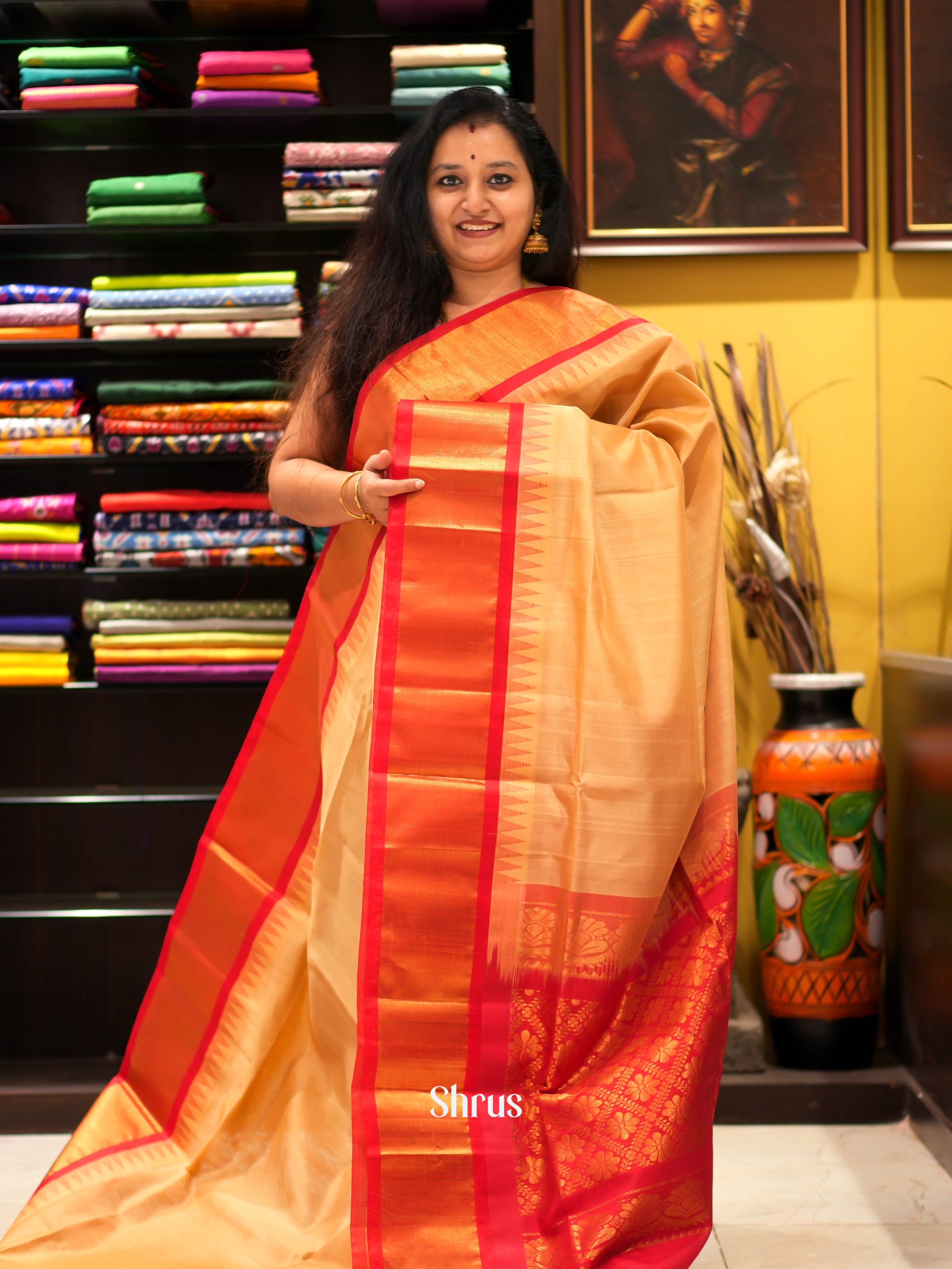 Beige & Red - Silk Cotton Saree - Shop on ShrusEternity.com