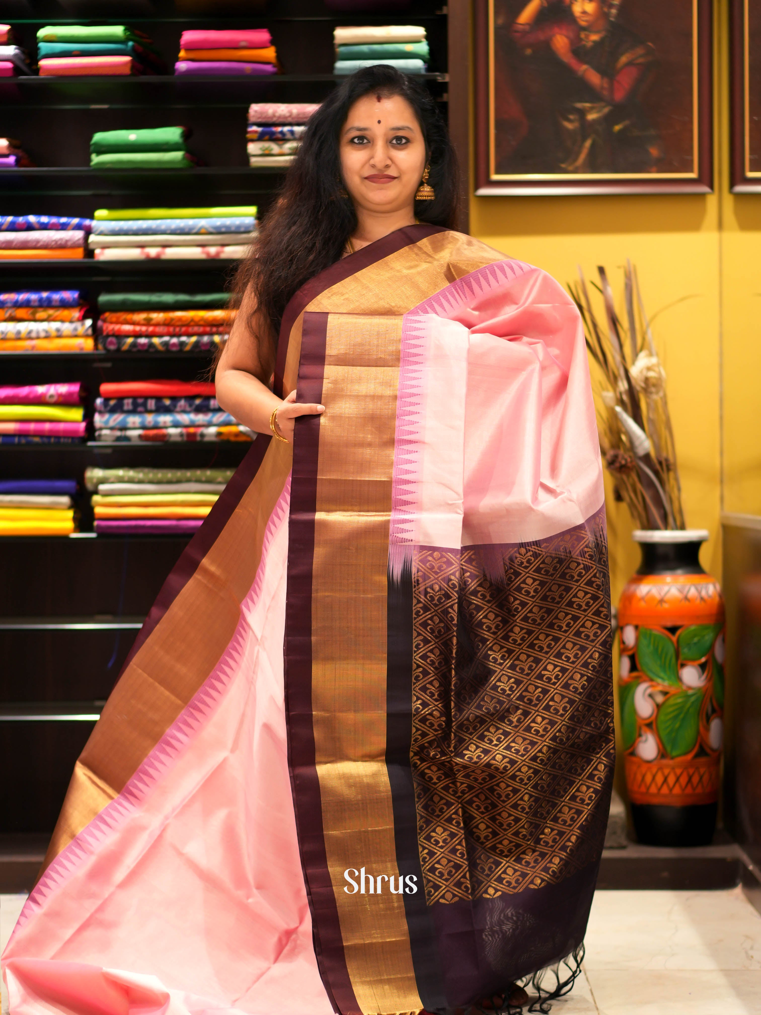 Pink & Brown - Silk Cotton Saree - Shop on ShrusEternity.com