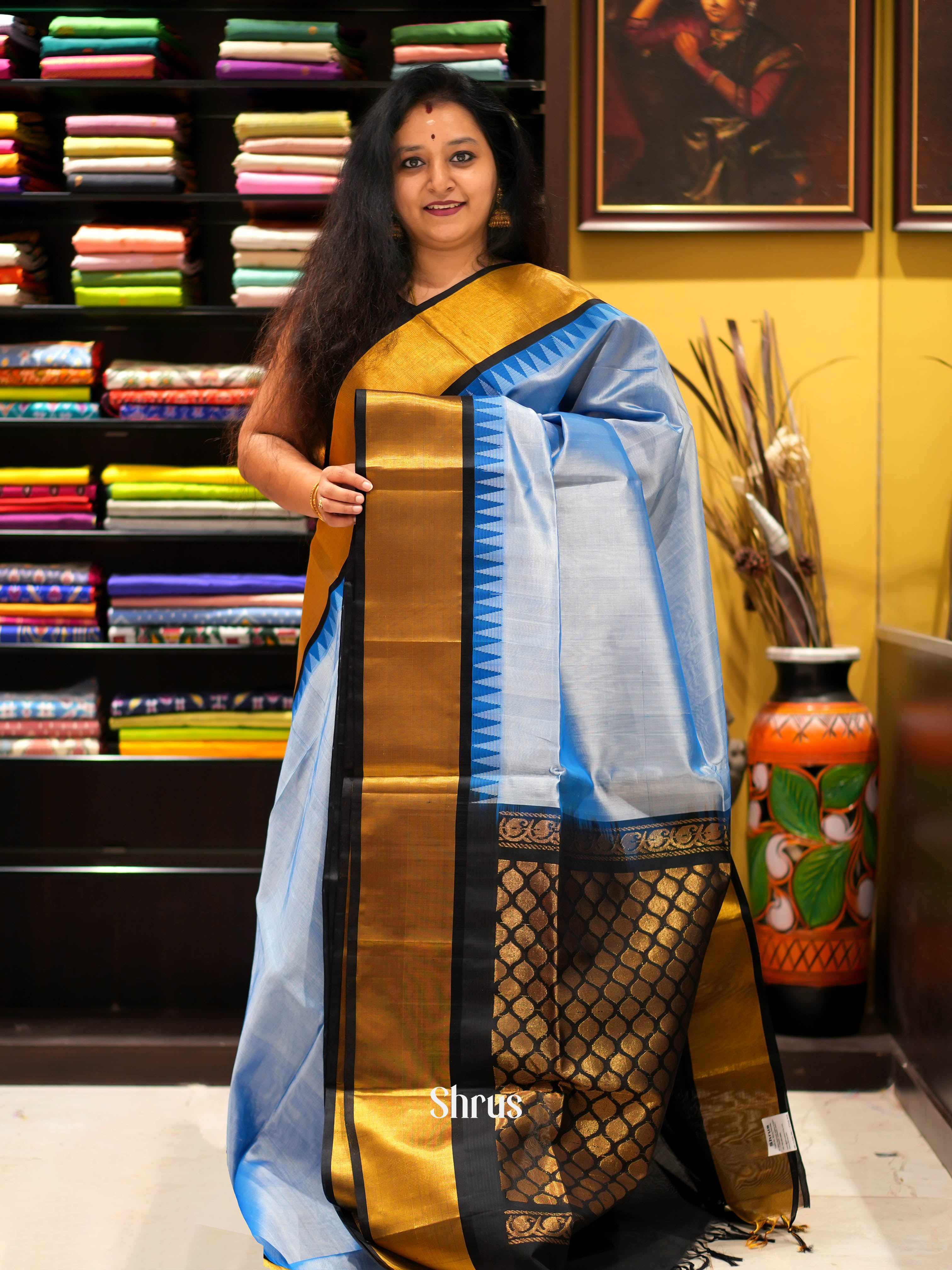 Blue & Black - Silk cotton Saree - Shop on ShrusEternity.com