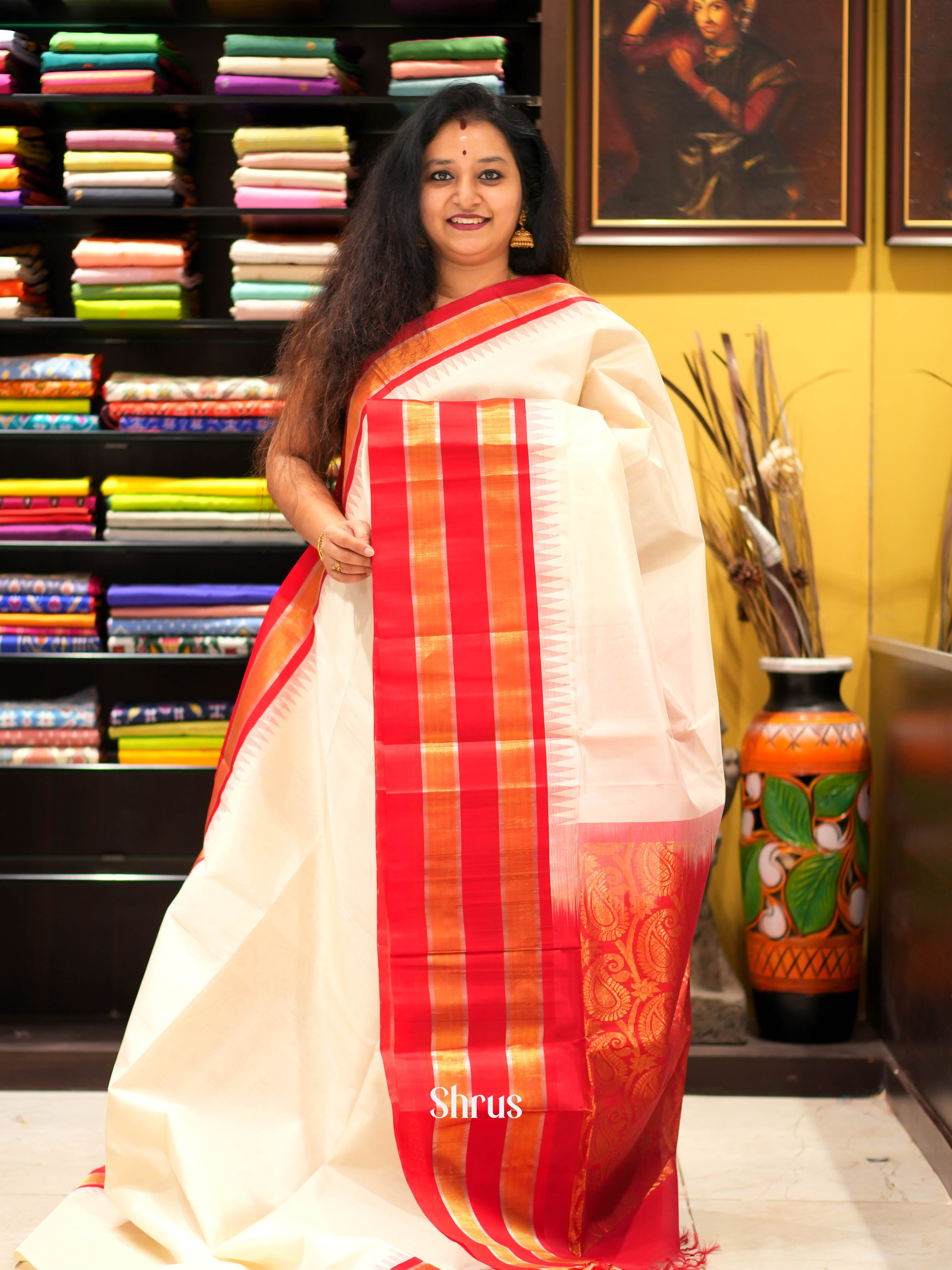Cream & Red - Silk cotton Saree - Shop on ShrusEternity.com