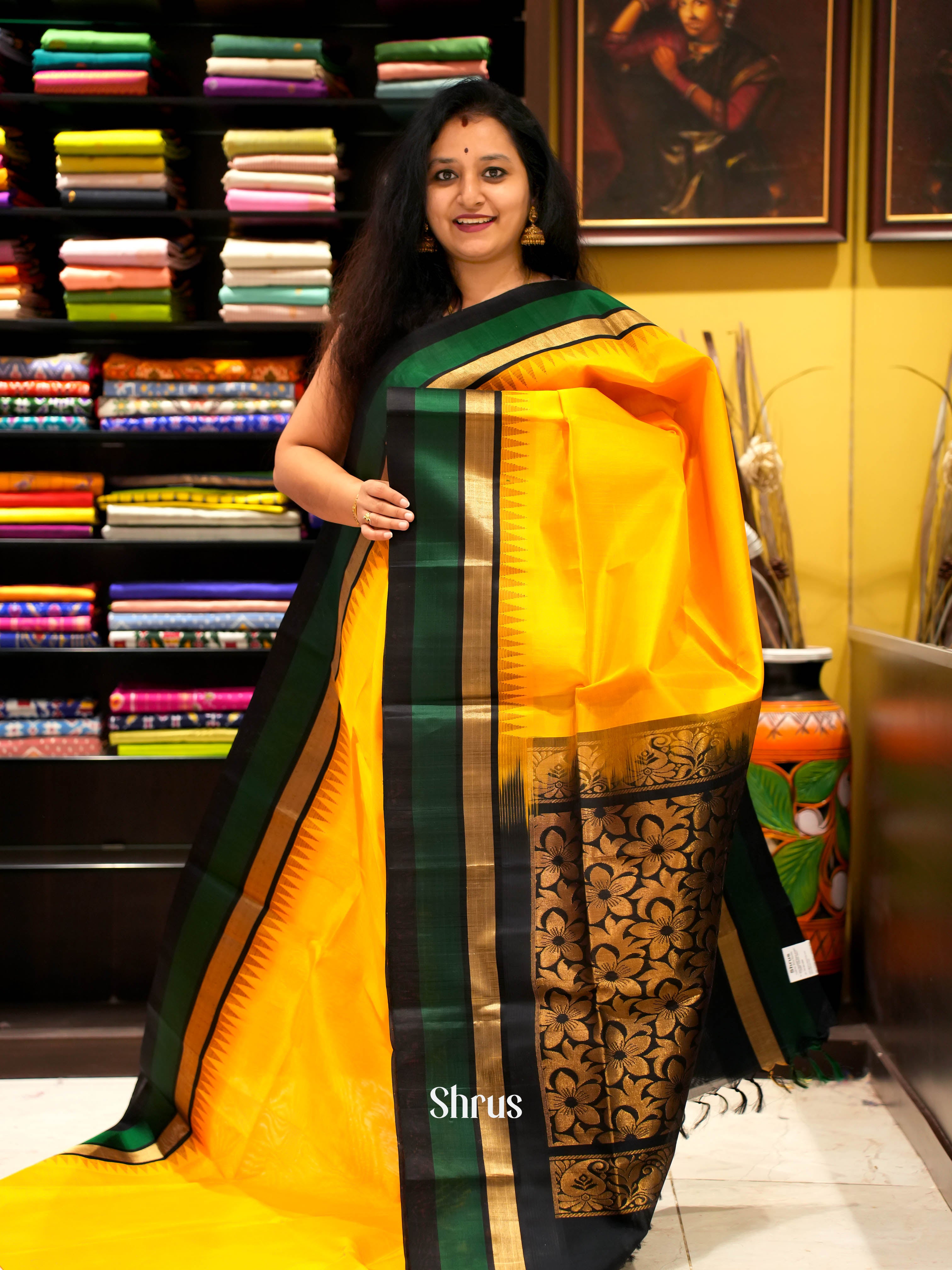 Yellow & Black - Silk Cotton Saree - Shop on ShrusEternity.com