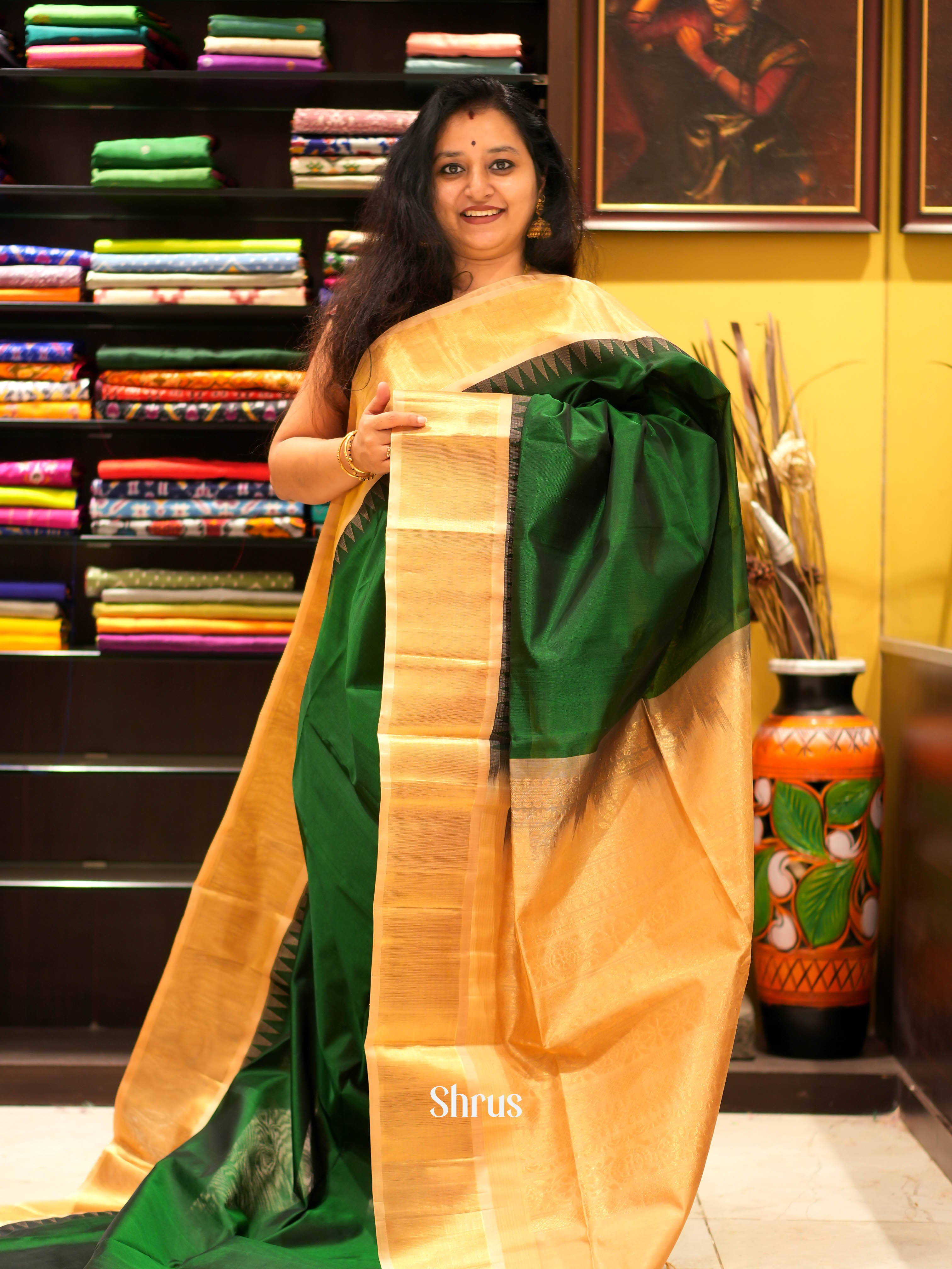 Green & Peach- Silk Cotton Saree - Shop on ShrusEternity.com