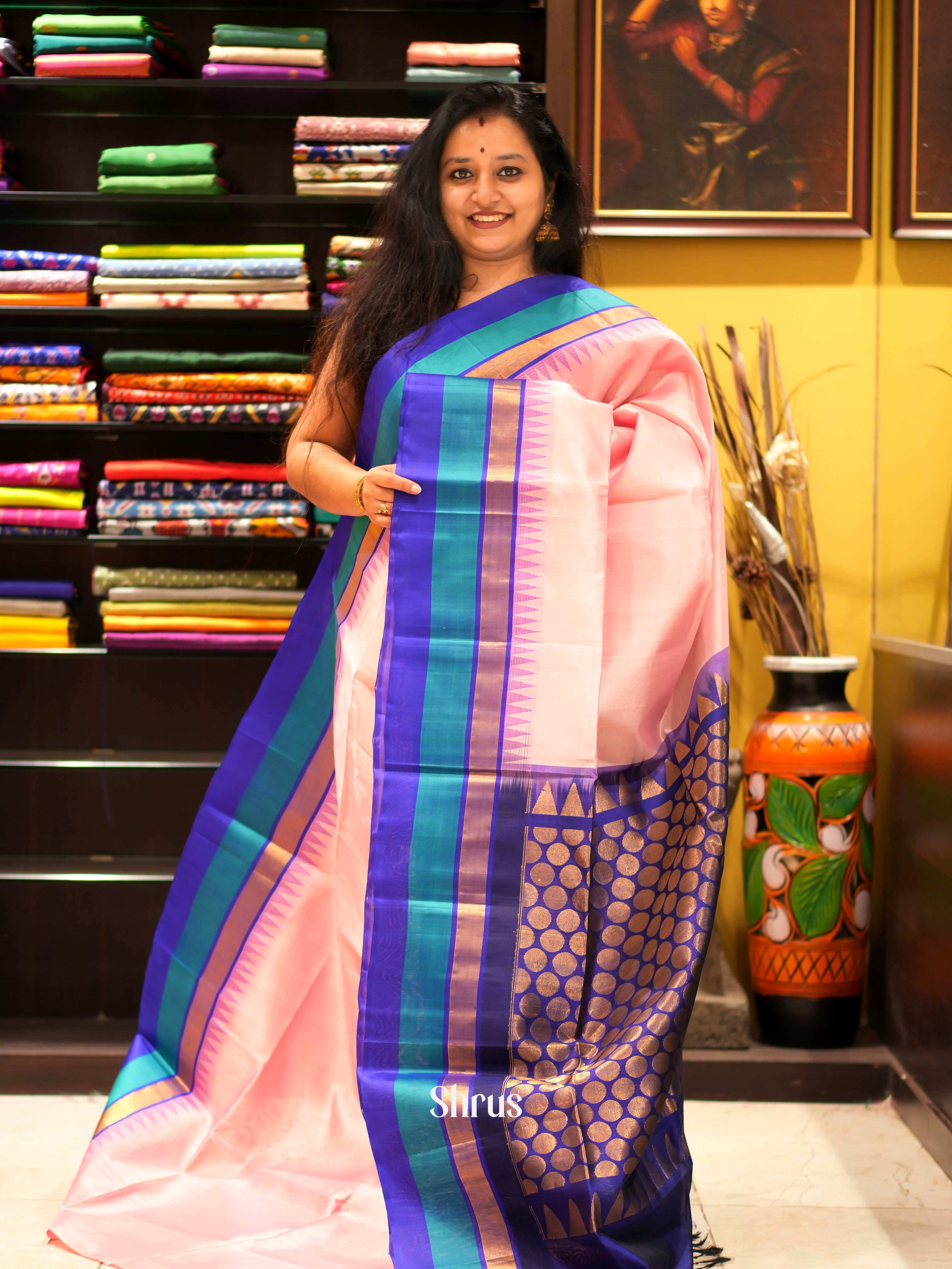 Pink & blue - Silk Cotton Saree - Shop on ShrusEternity.com