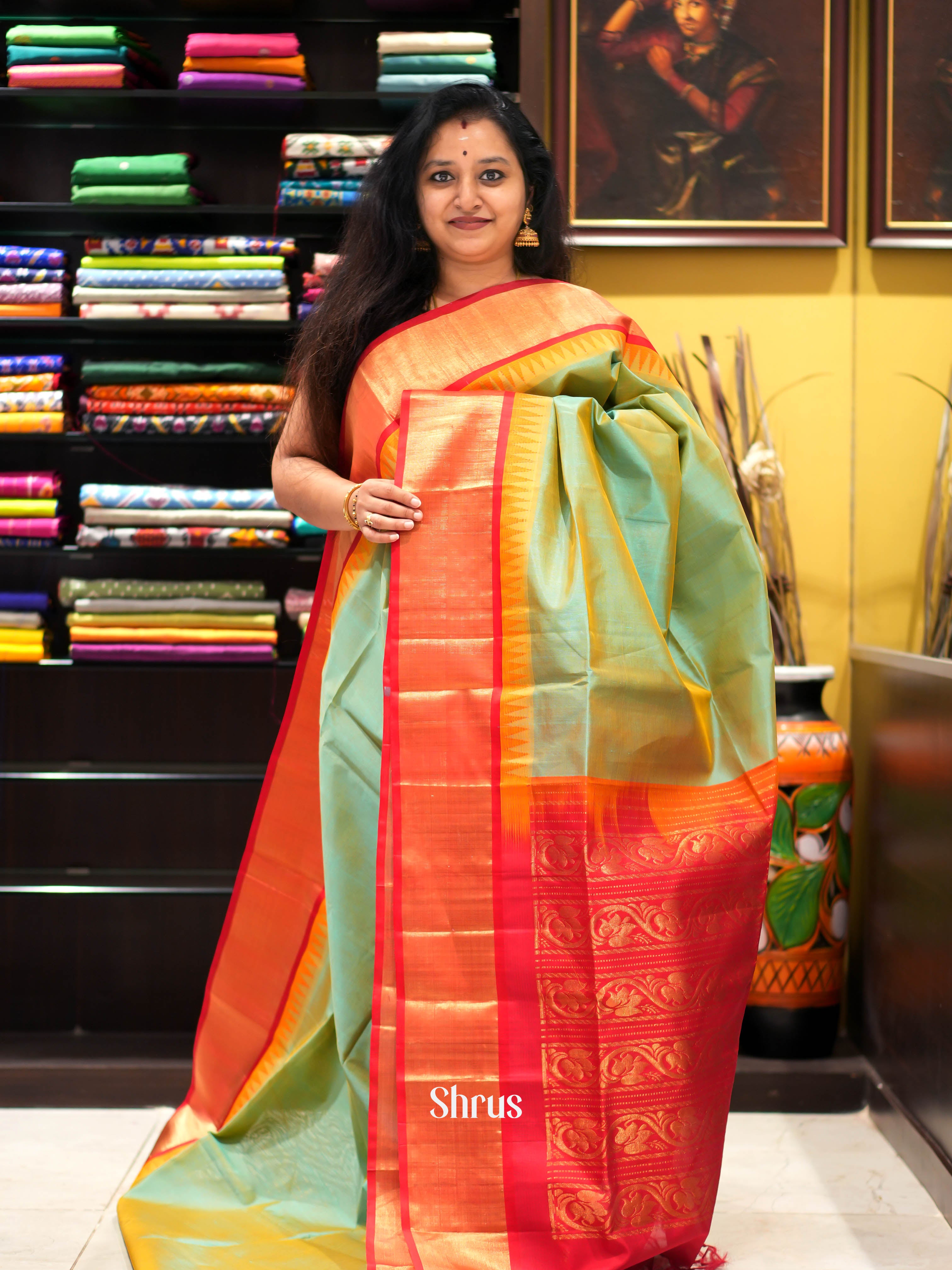 Green & Red - Silk Cotton Saree - Shop on ShrusEternity.com
