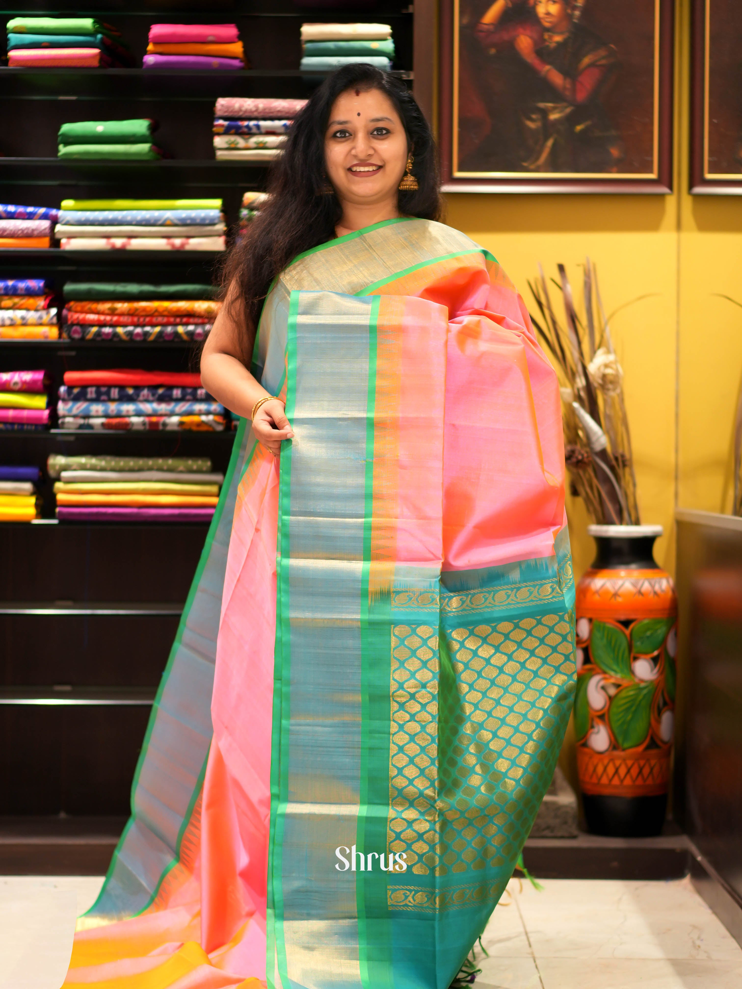 Pink & Teal - Silk Cotton Saree - Shop on ShrusEternity.com