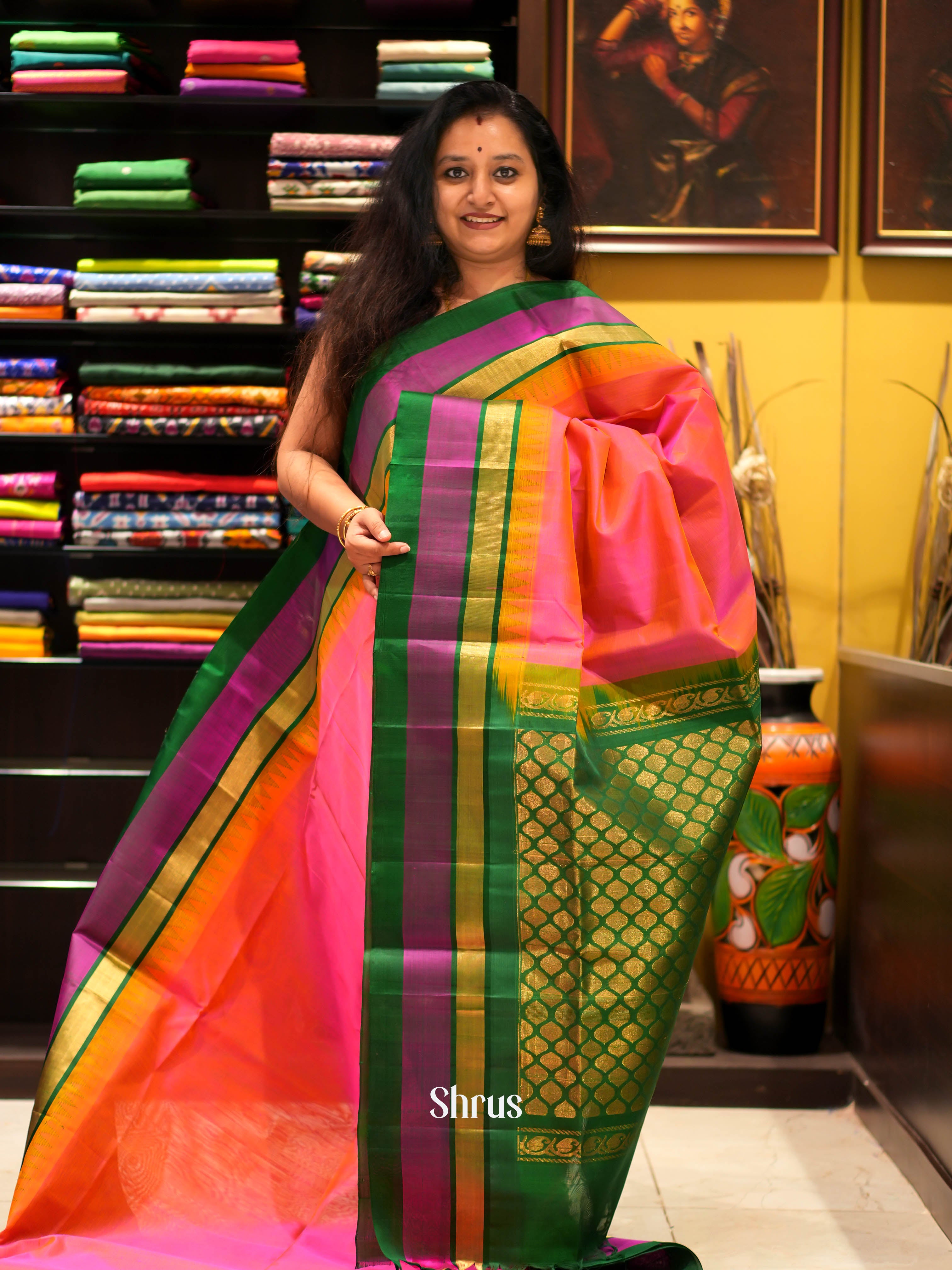 Orangish Pink & Green - Silk Cotton Saree - Shop on ShrusEternity.com