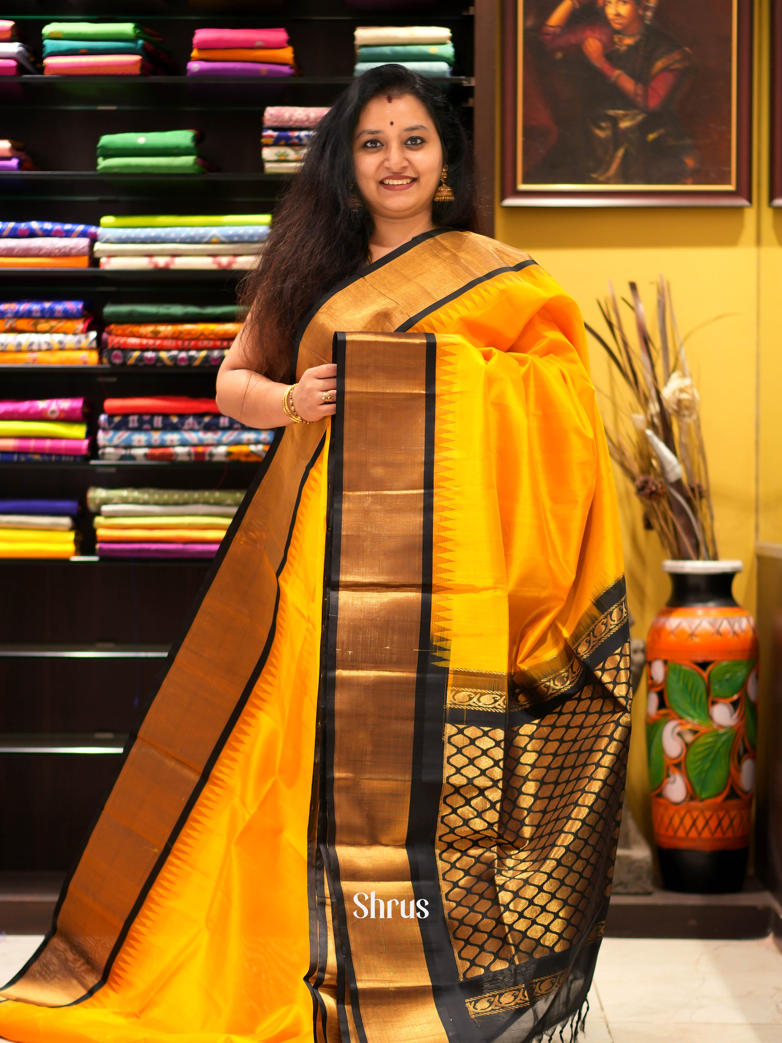 Yellow & Black - Silk Cotton Saree - Shop on ShrusEternity.com