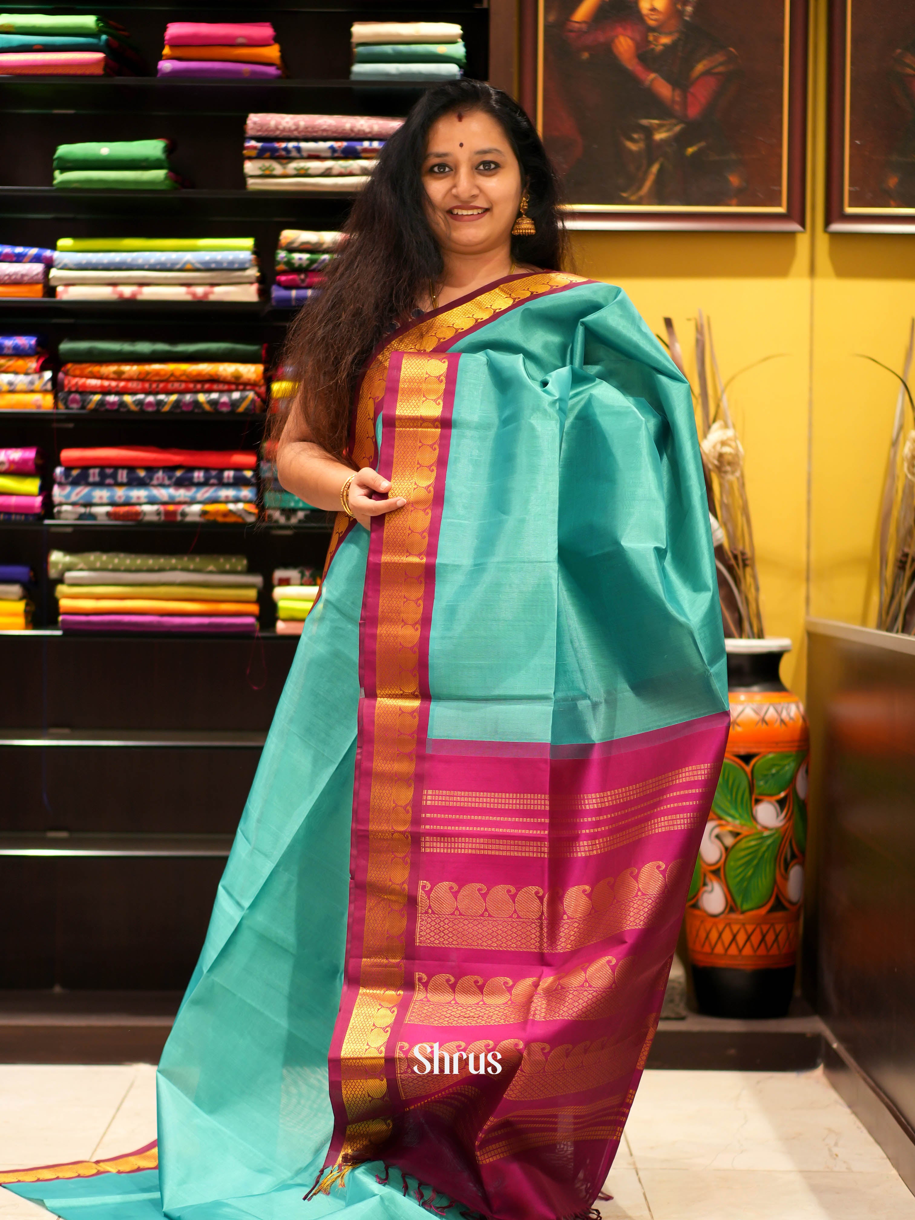 Teal & Wine - Silk Cotton Saree - Shop on ShrusEternity.com