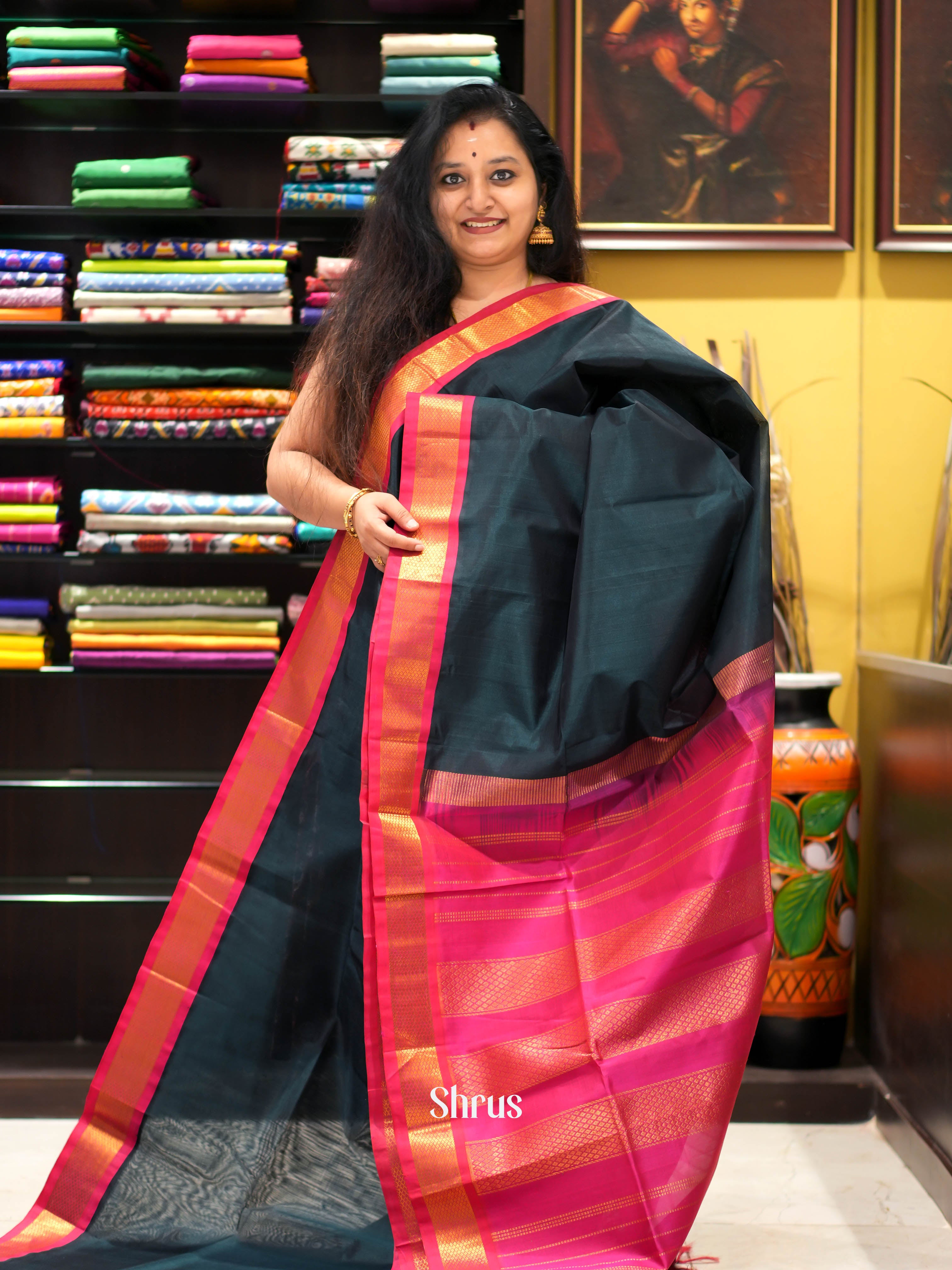 Dark Green & Pink - Silk Cotton Saree - Shop on ShrusEternity.com