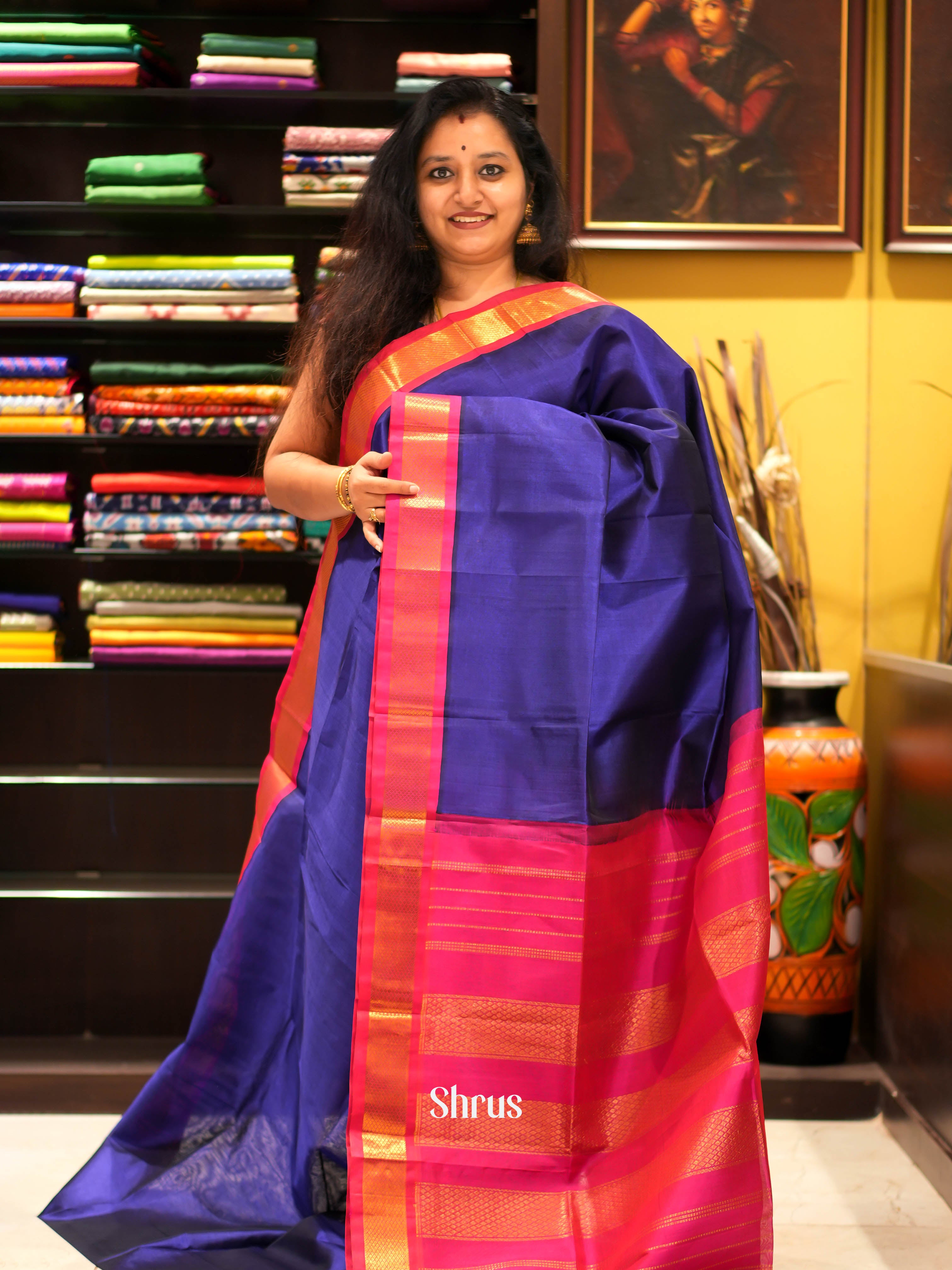 Blue & Pink - Silk Cotton Saree - Shop on ShrusEternity.com