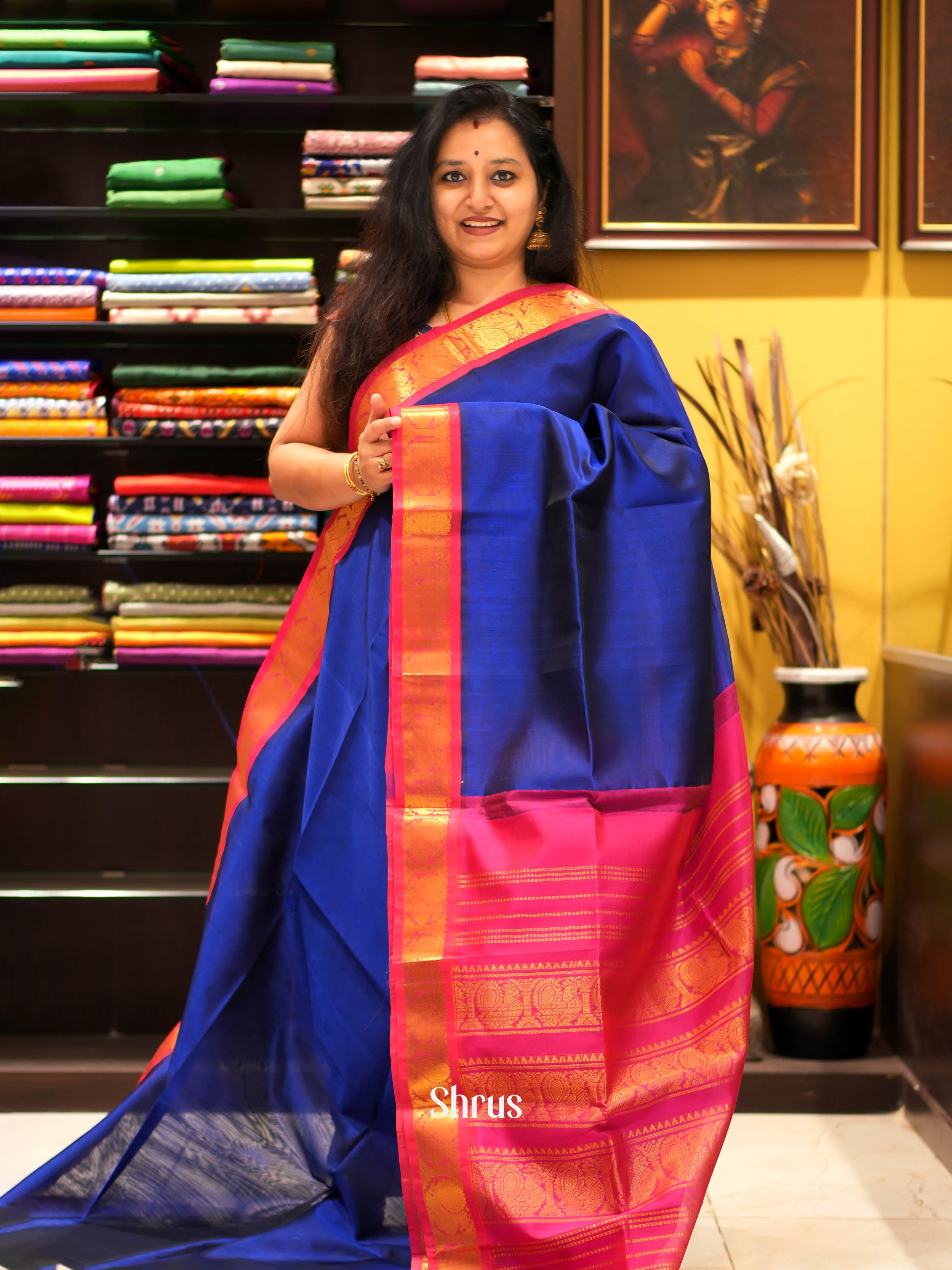 Blue & Pink - Silk Cotton Saree - Shop on ShrusEternity.com