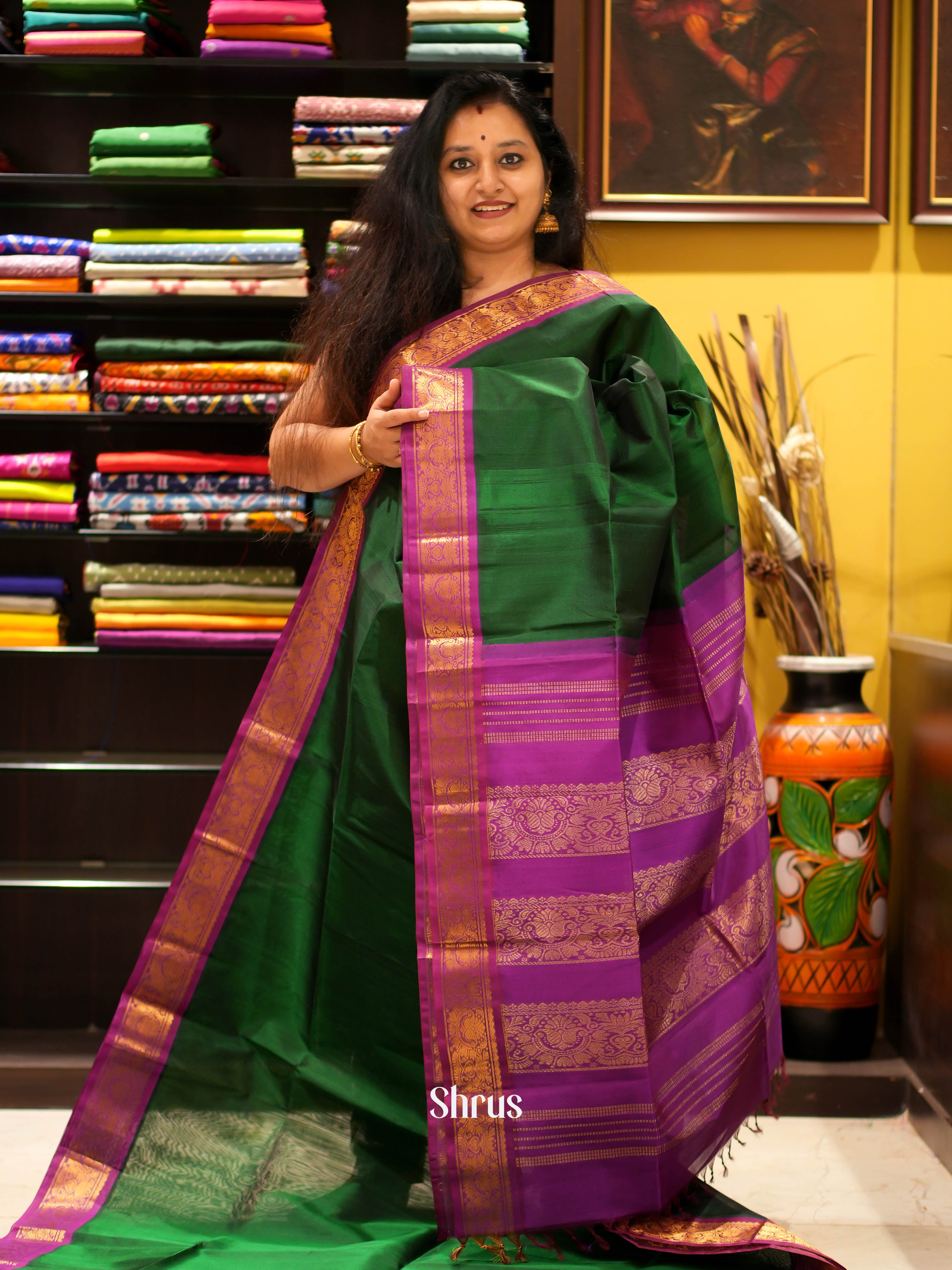 Green & Purple - Silk Cotton Saree - Shop on ShrusEternity.com