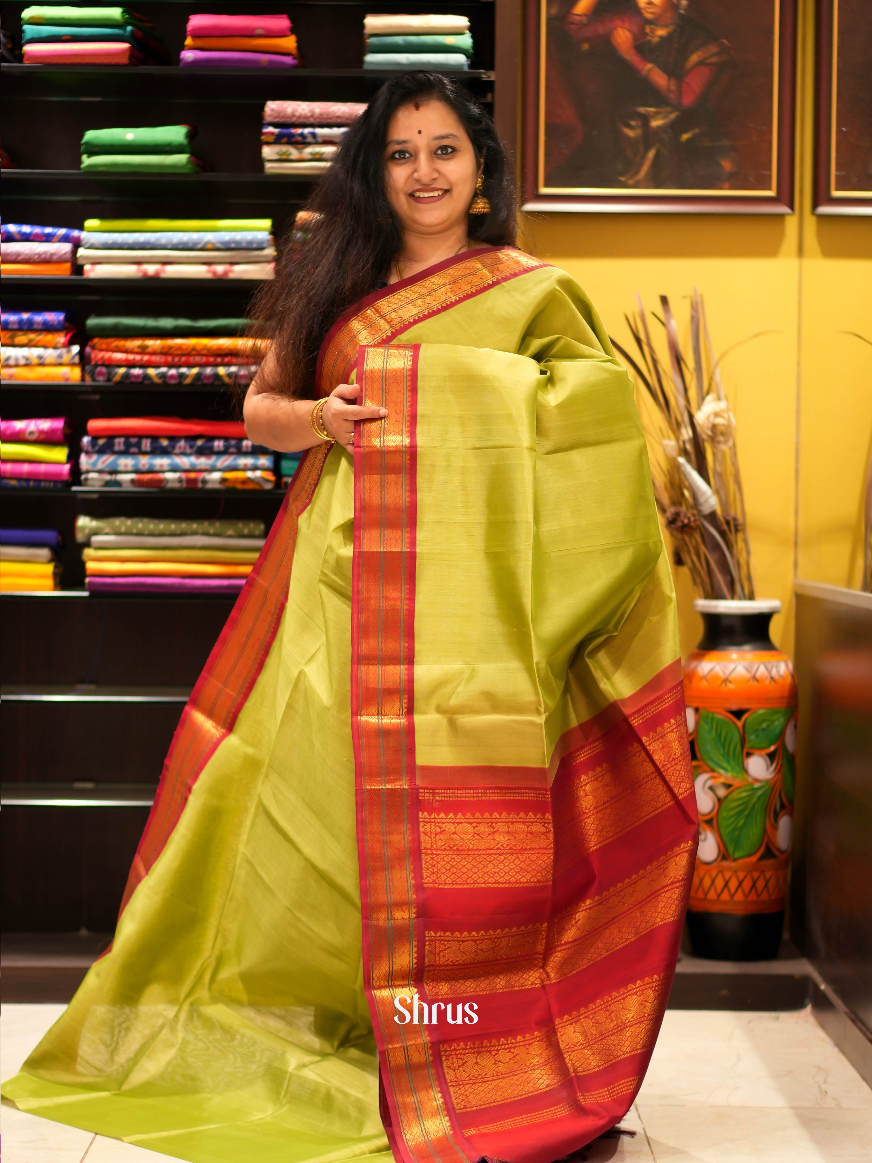 Green & Maroon - Silk Cotton Saree - Shop on ShrusEternity.com