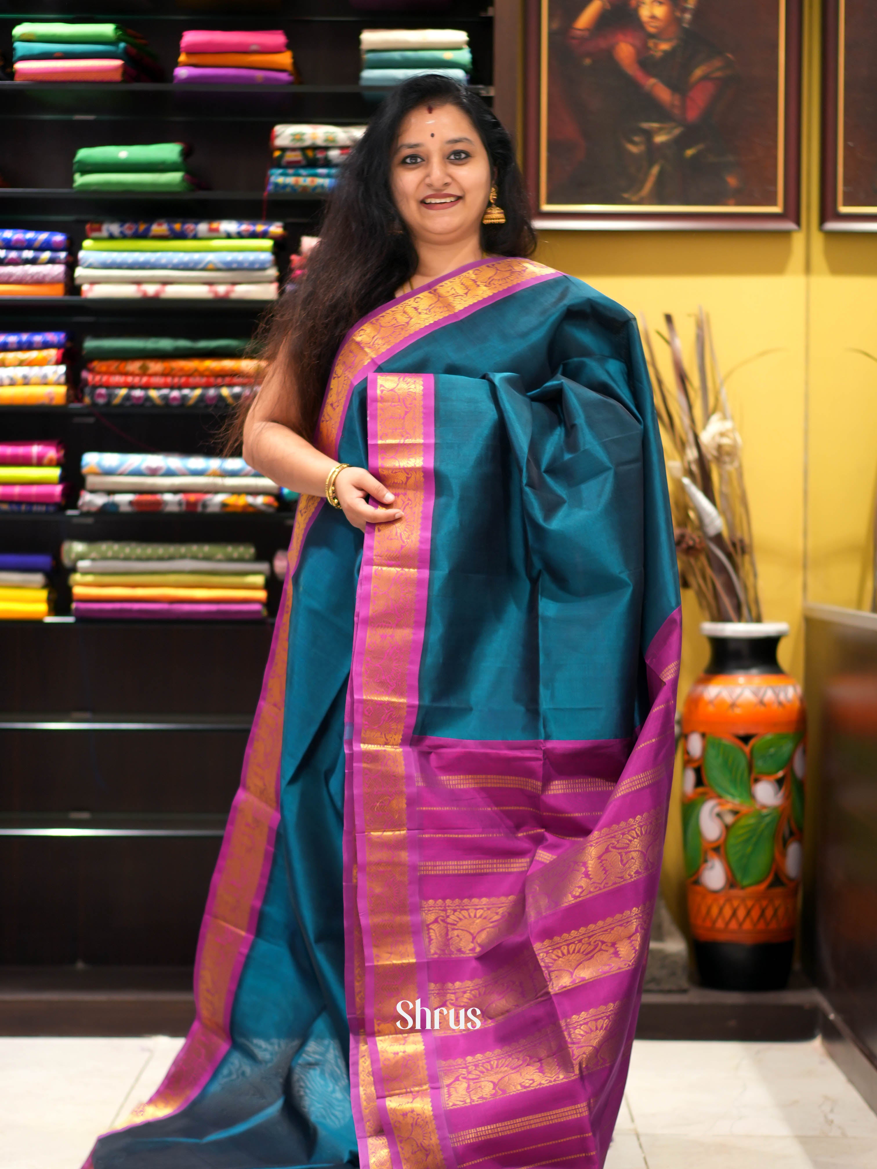 Blue & Pink - Silk Cotton Saree - Shop on ShrusEternity.com