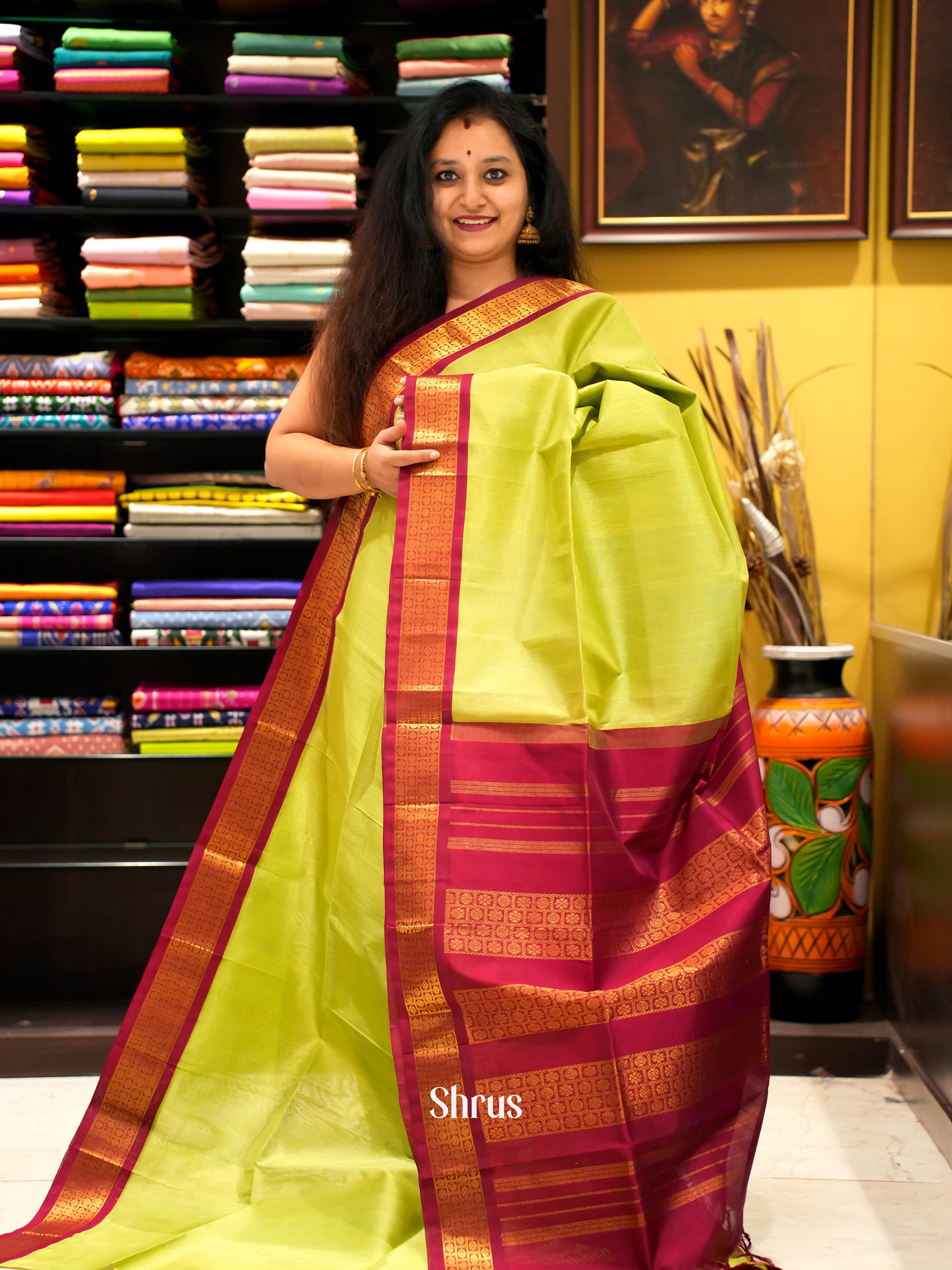 Green & Maroon - Silk Cotton Saree - Shop on ShrusEternity.com