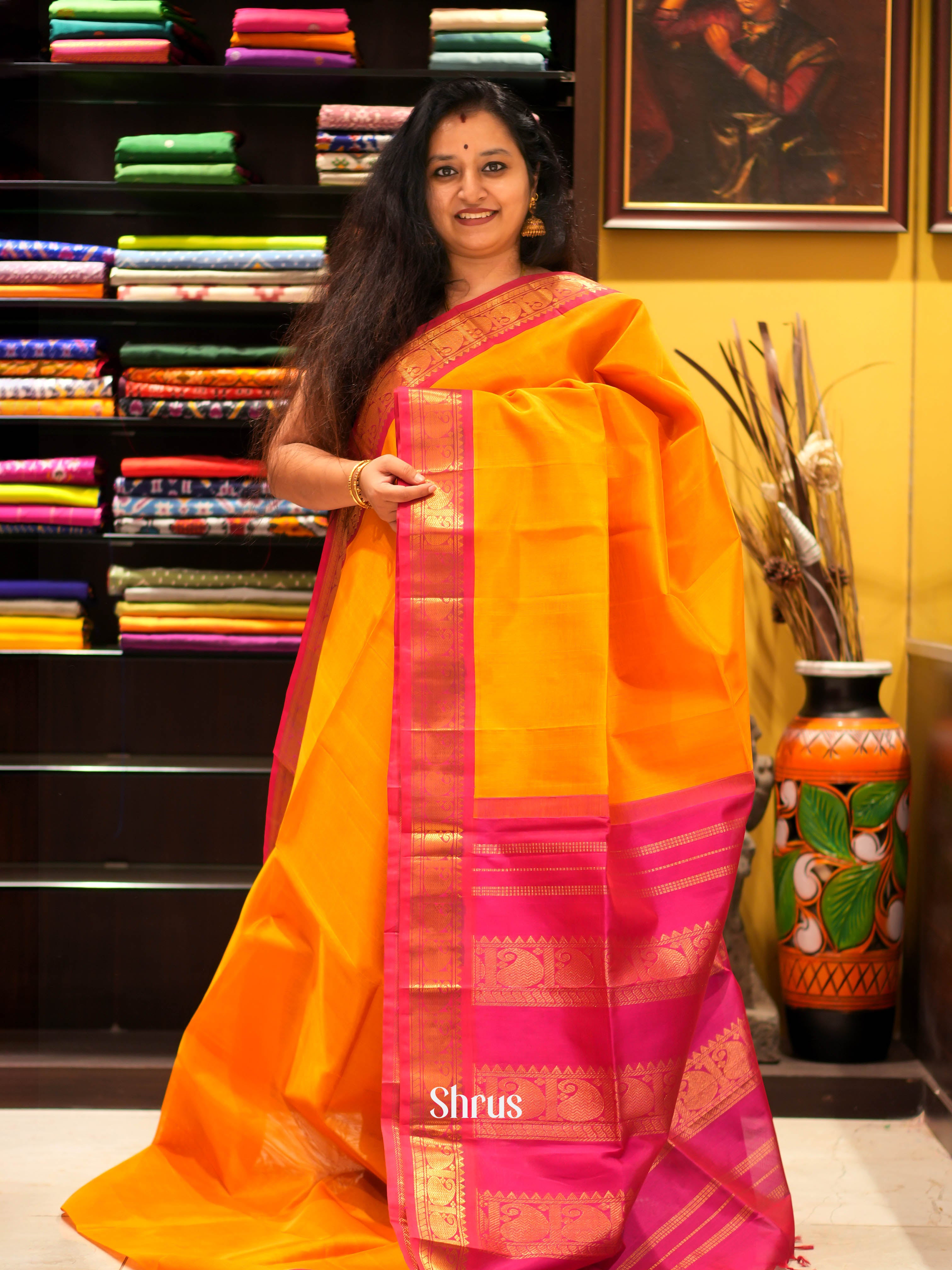 Mustard & Pink - Silk Cotton Saree - Shop on ShrusEternity.com