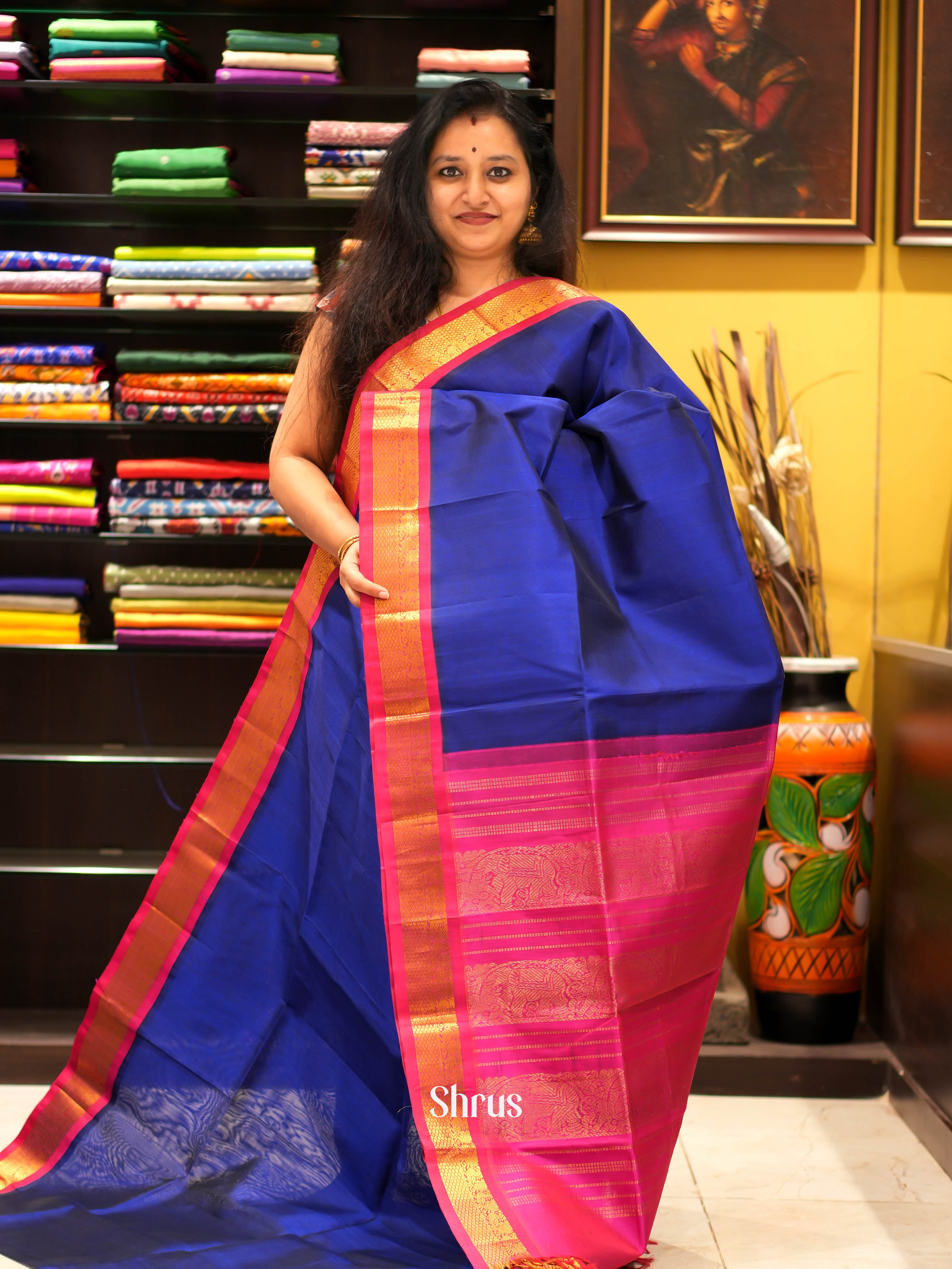 Blue & Pink - Silk Cotton Saree - Shop on ShrusEternity.com