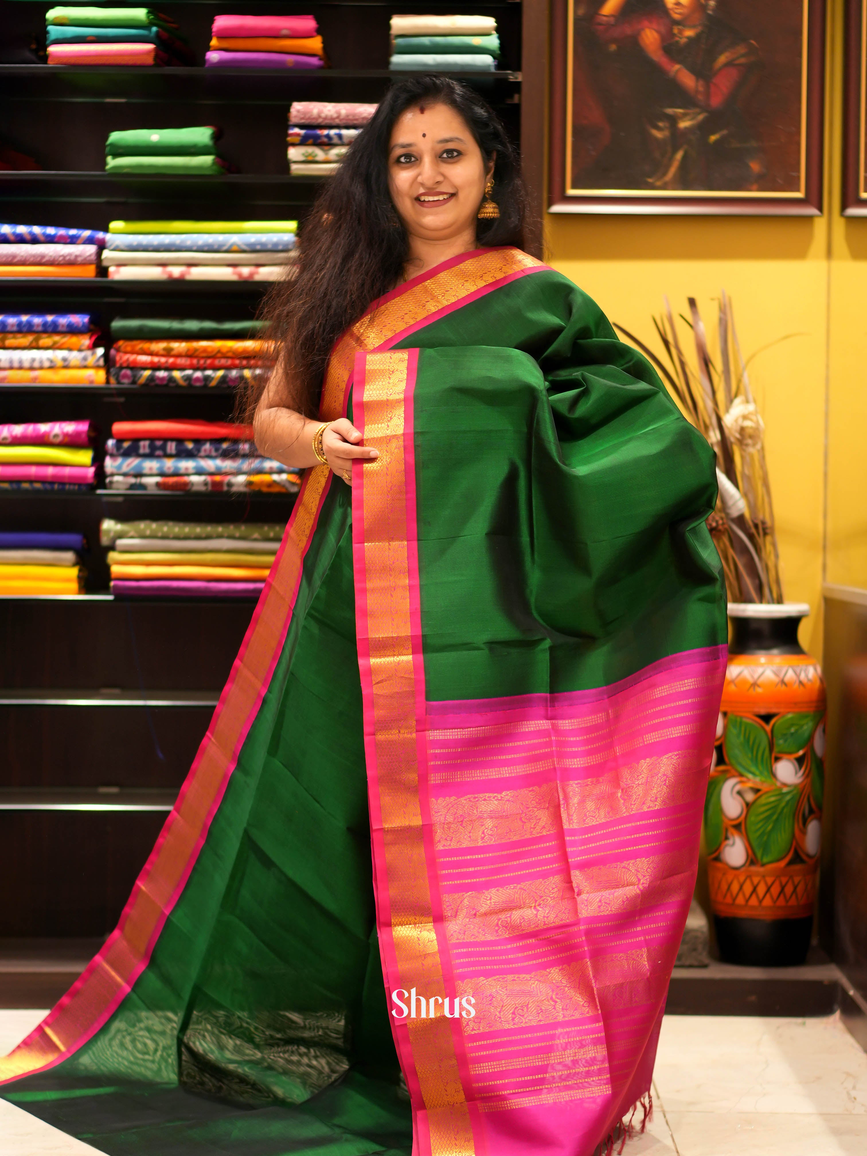 Green & Pink - Silk Cotton Saree - Shop on ShrusEternity.com