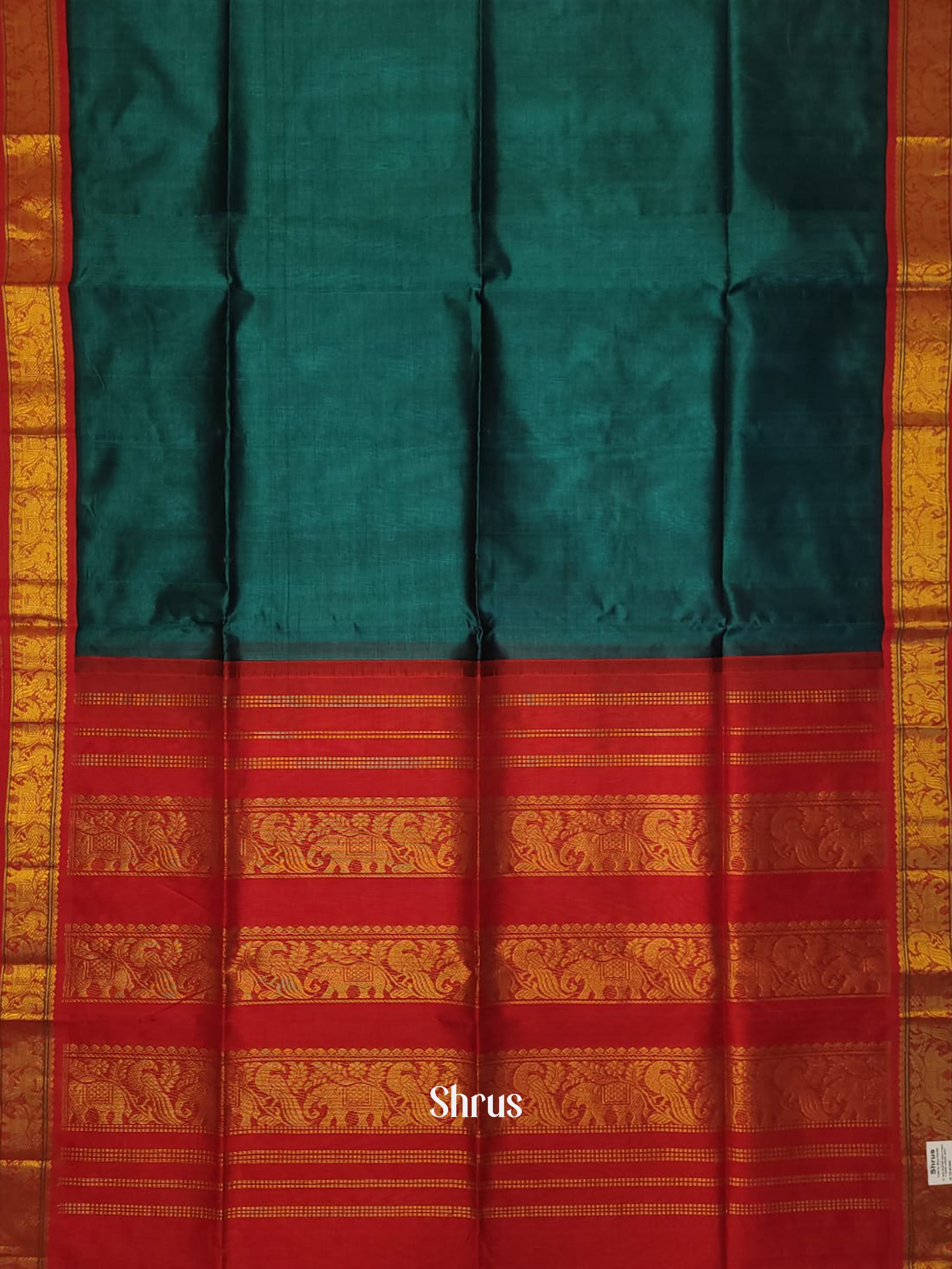 Peacock Blue & Red - Silk Cotton Saree - Shop on ShrusEternity.com