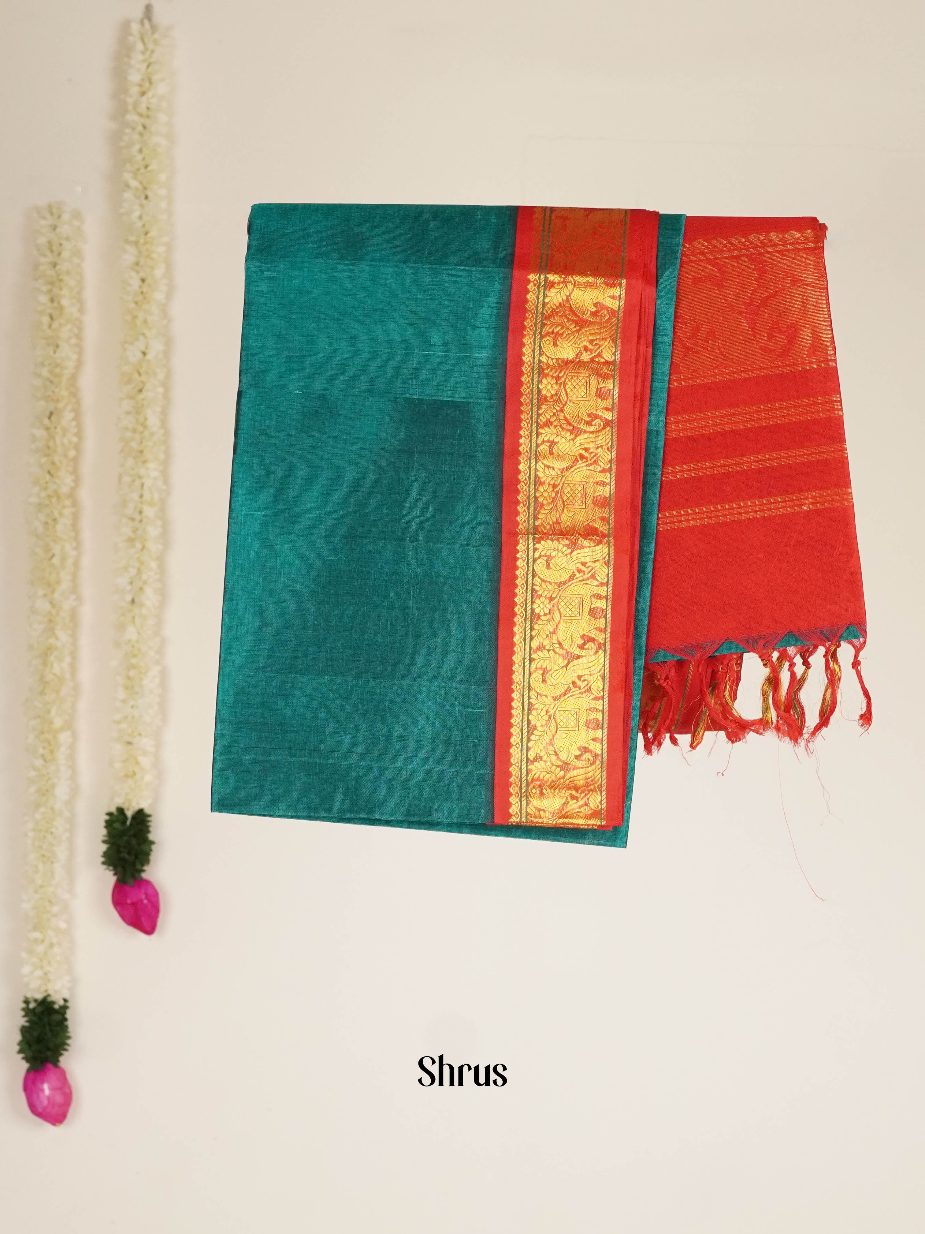 Peacock Blue & Red - Silk Cotton Saree - Shop on ShrusEternity.com