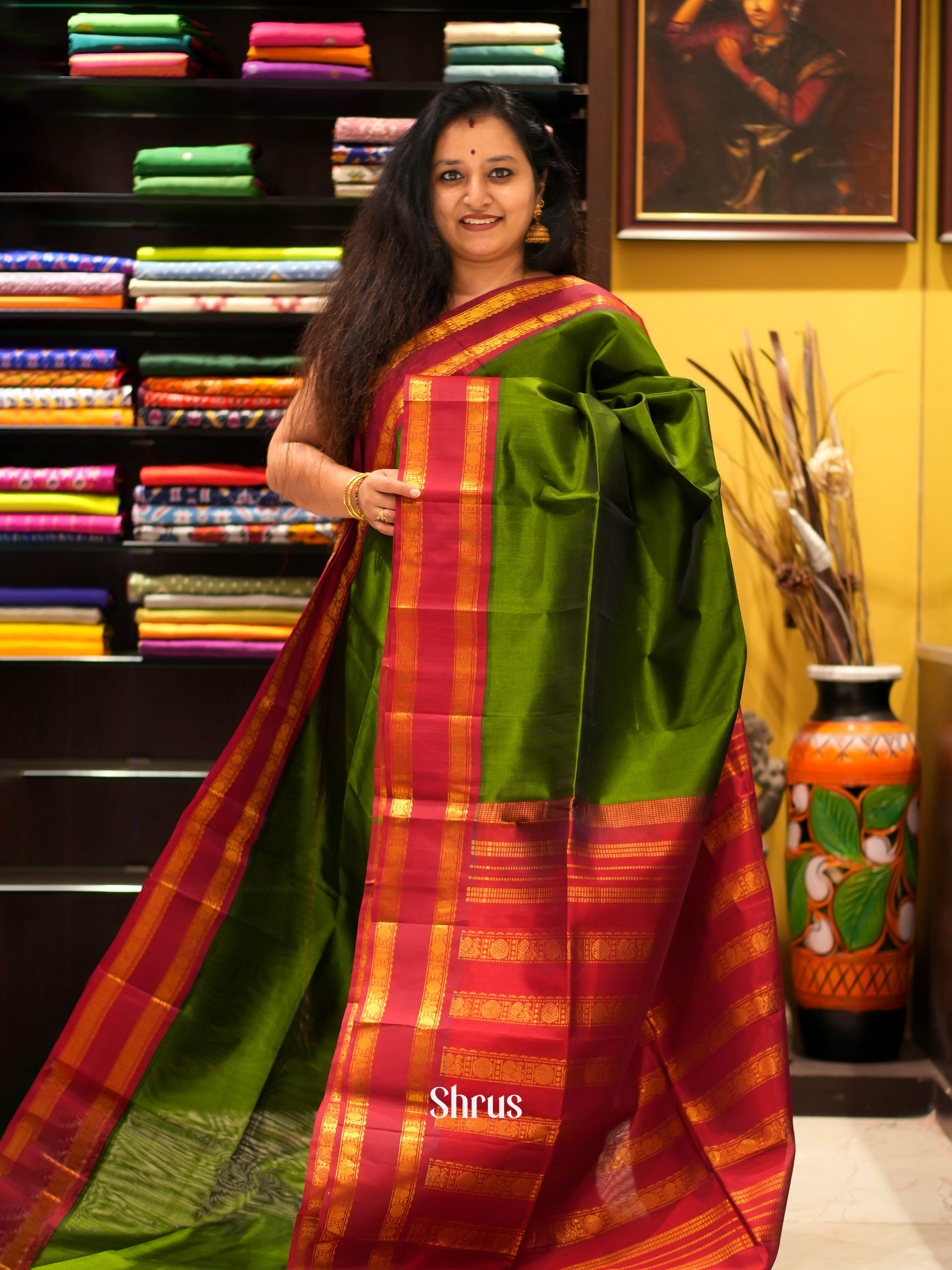 Green & Maroon - Silk Cotton Saree - Shop on ShrusEternity.com