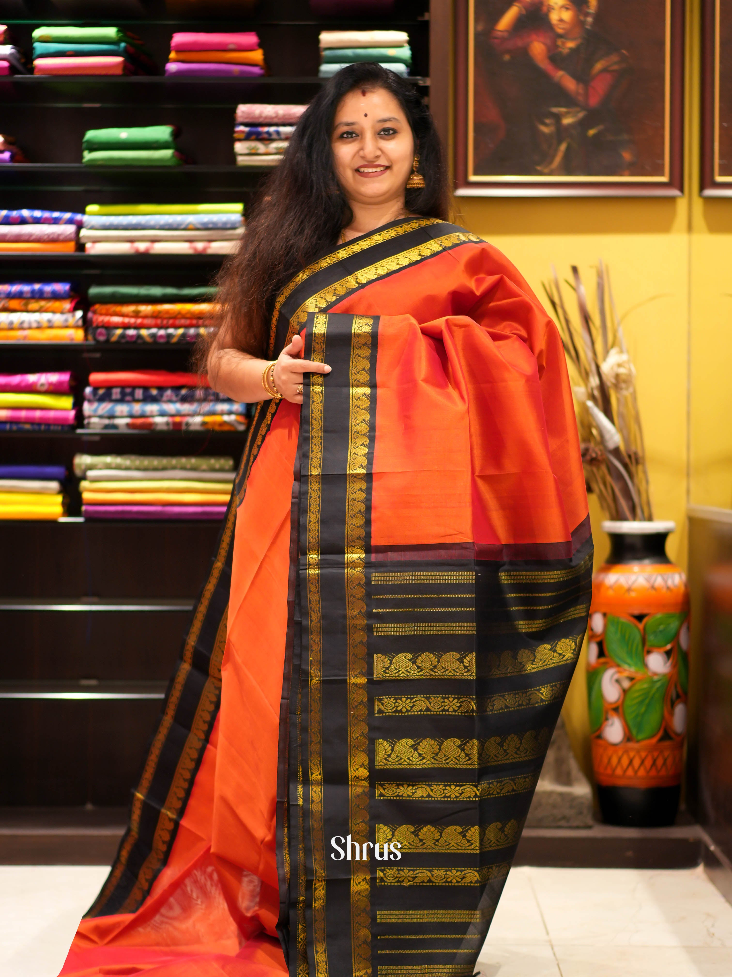 Orange & Black - Silk Cotton Saree - Shop on ShrusEternity.com