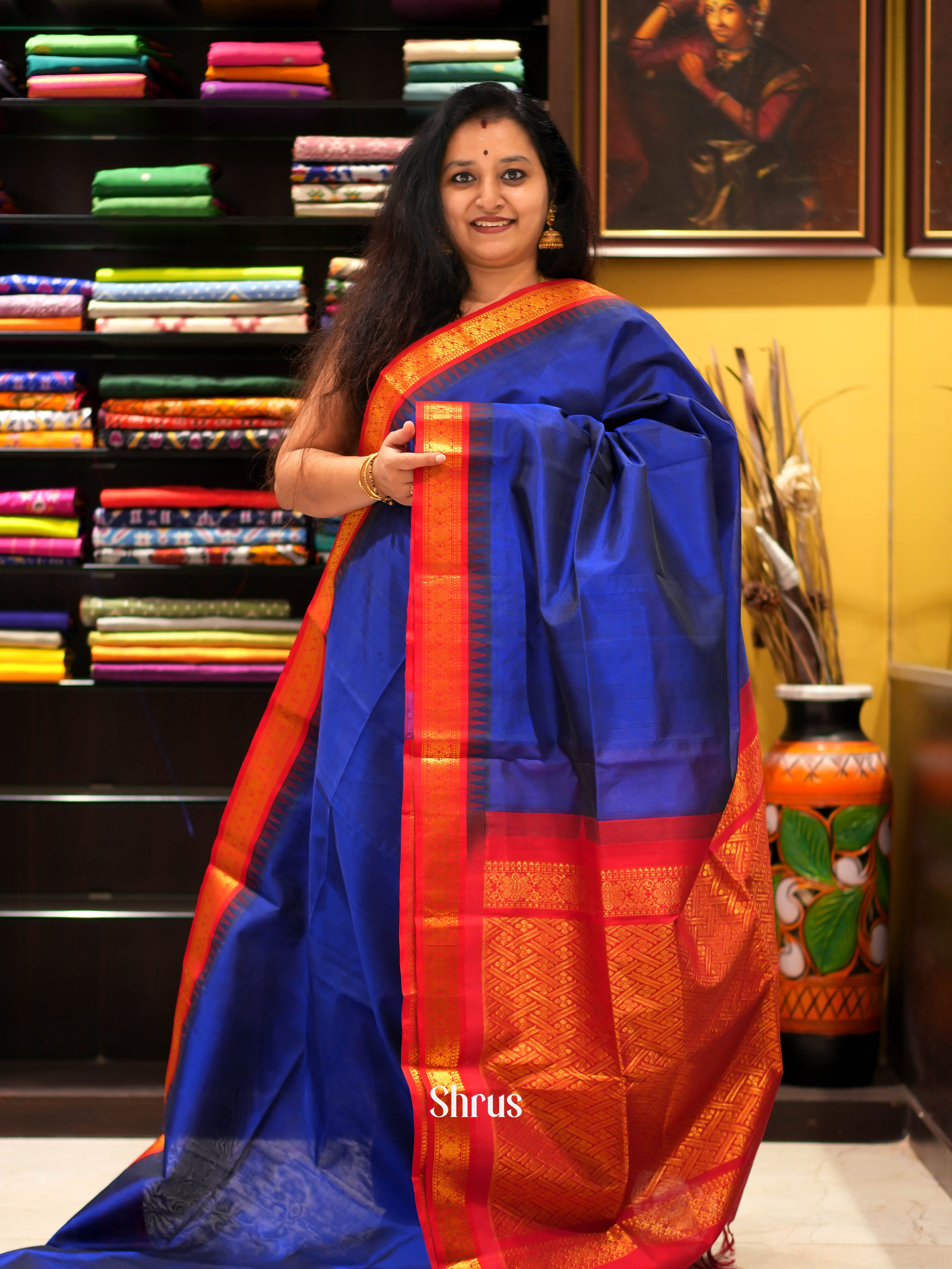 Blue & Red - Silk Cotton Saree - Shop on ShrusEternity.com
