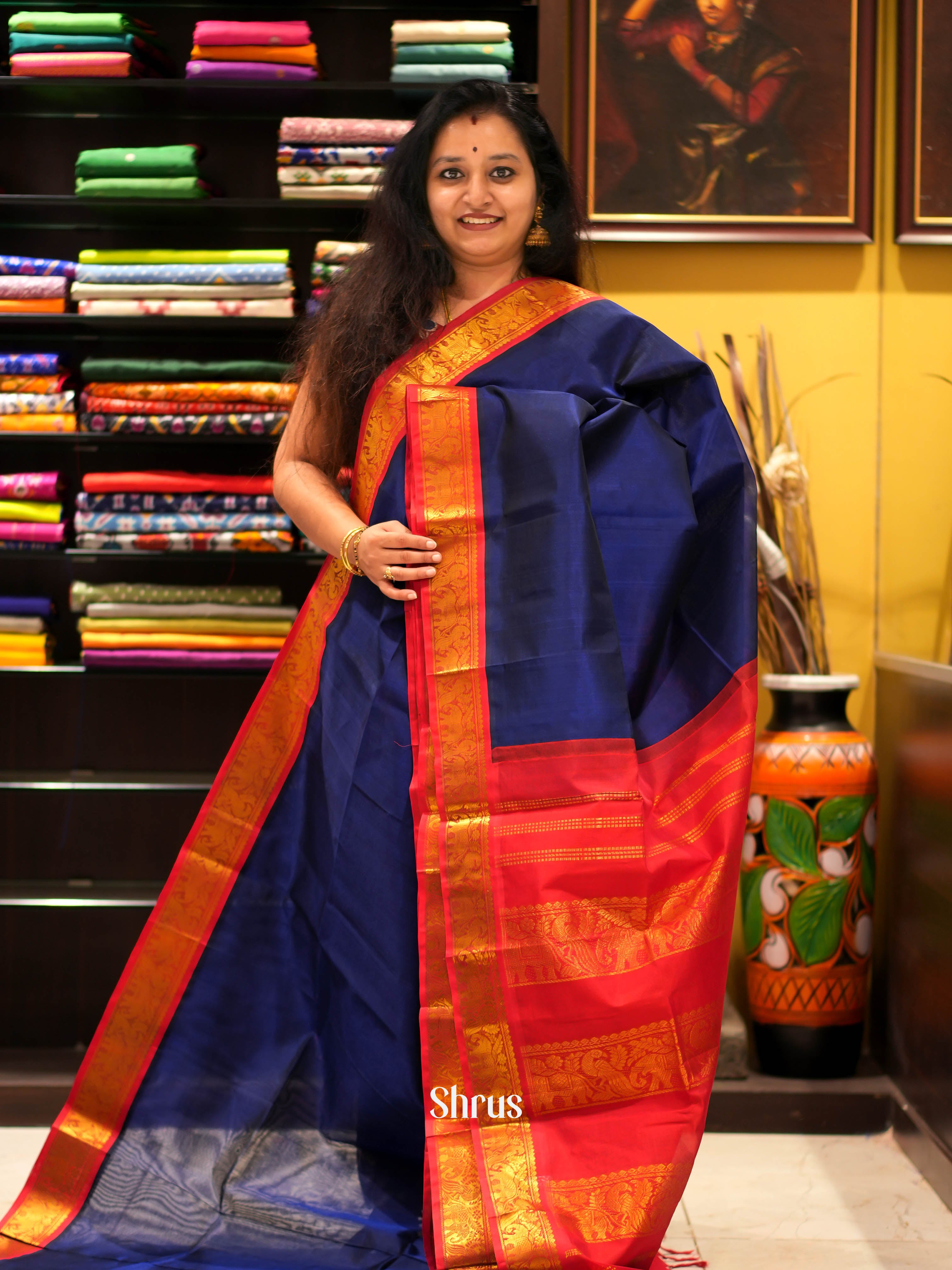 Blue & Red - Silk Cotton Saree - Shop on ShrusEternity.com