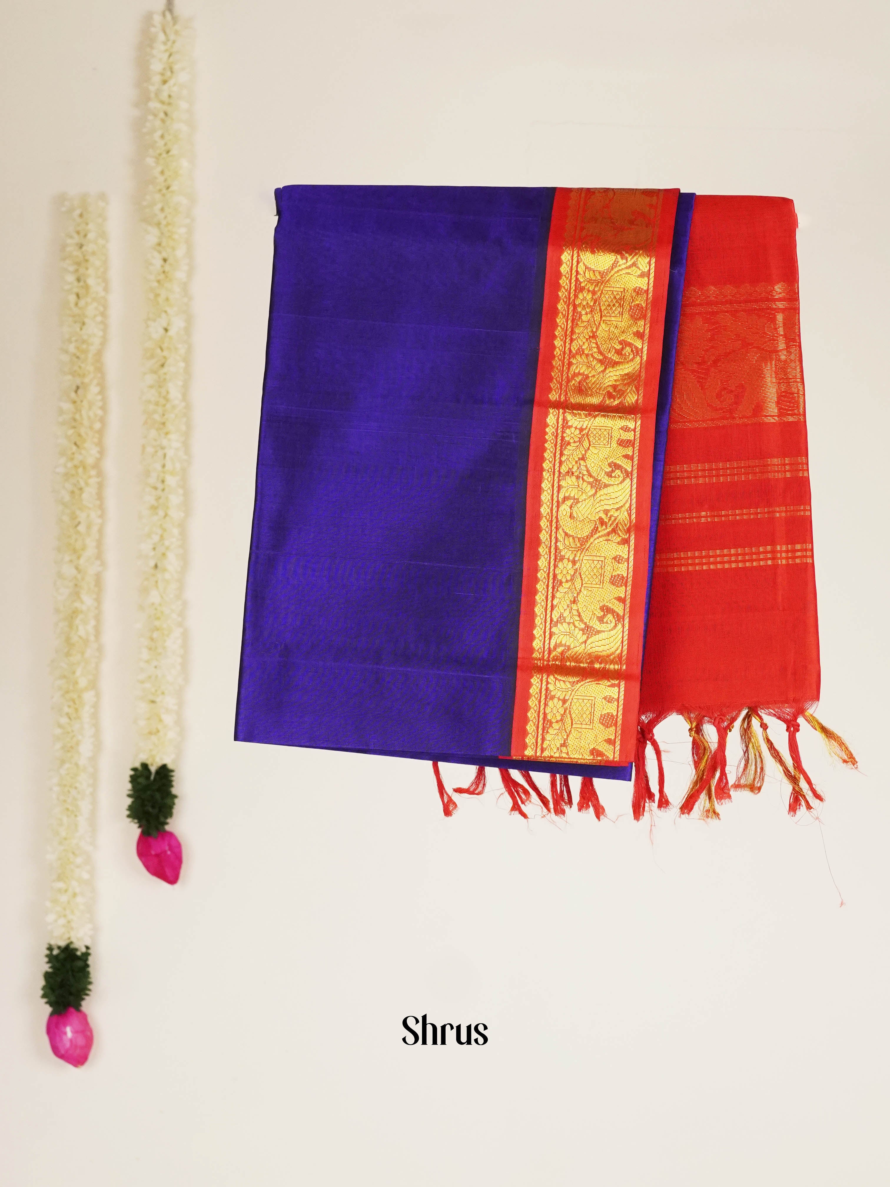Blue & Red - Silk Cotton Saree - Shop on ShrusEternity.com