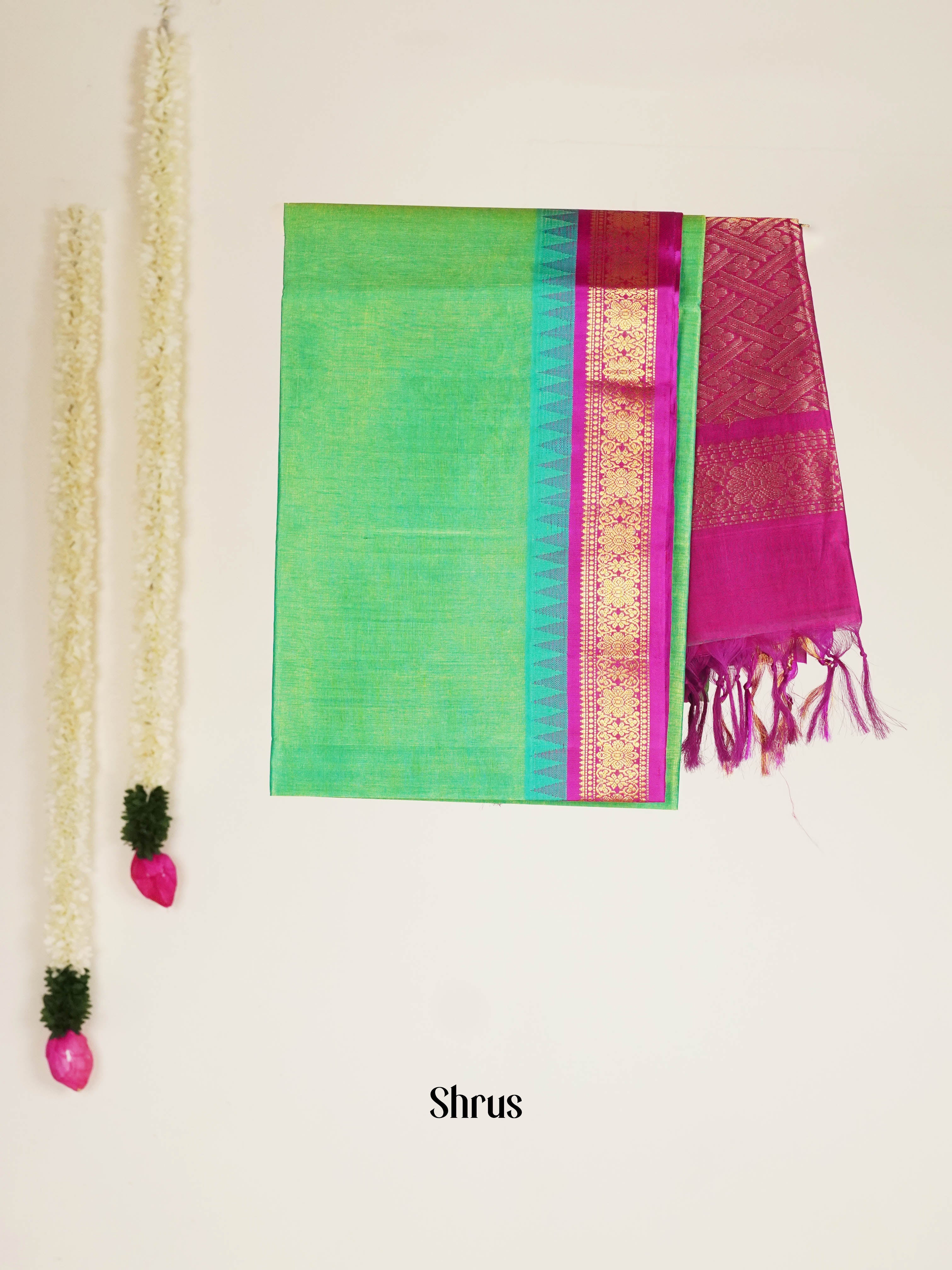 Green & Pink - Silk Cotton Saree - Shop on ShrusEternity.com