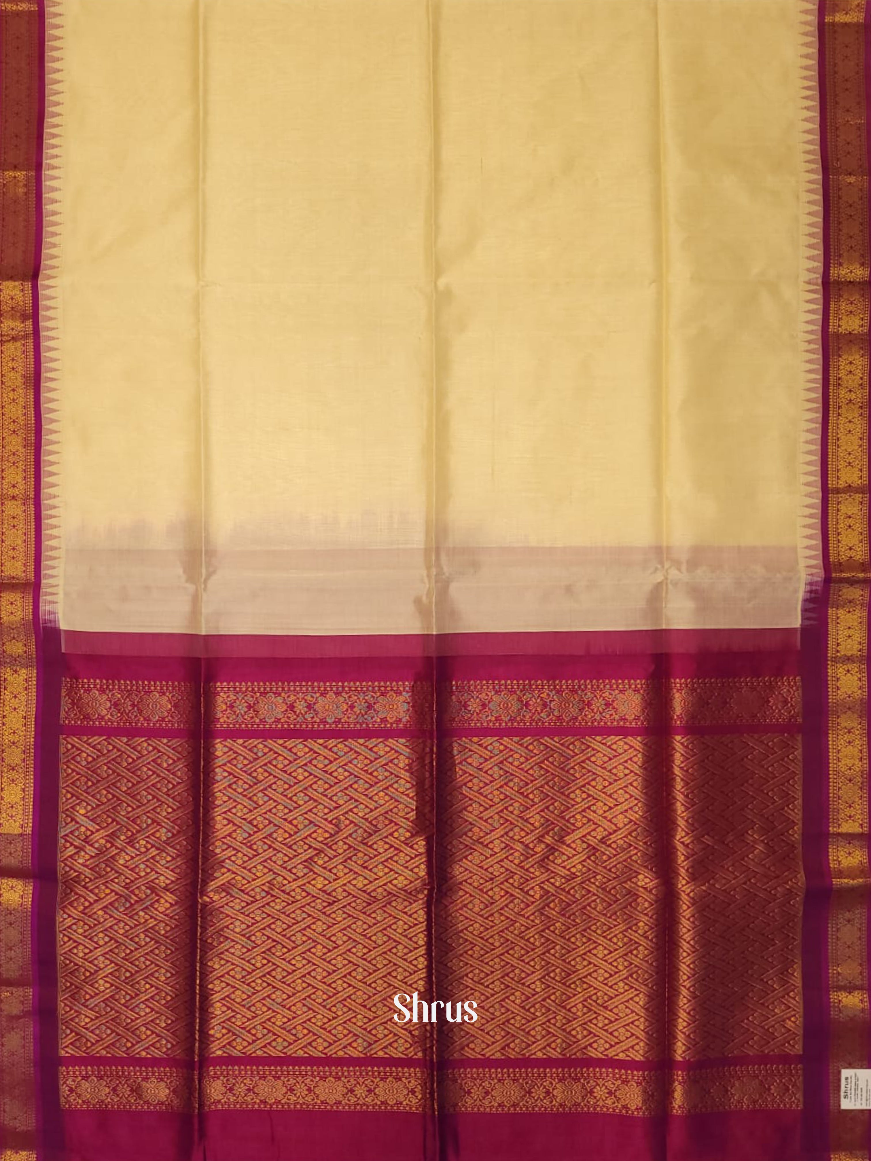 Cream & Pink - Silk Cotton Saree - Shop on ShrusEternity.com