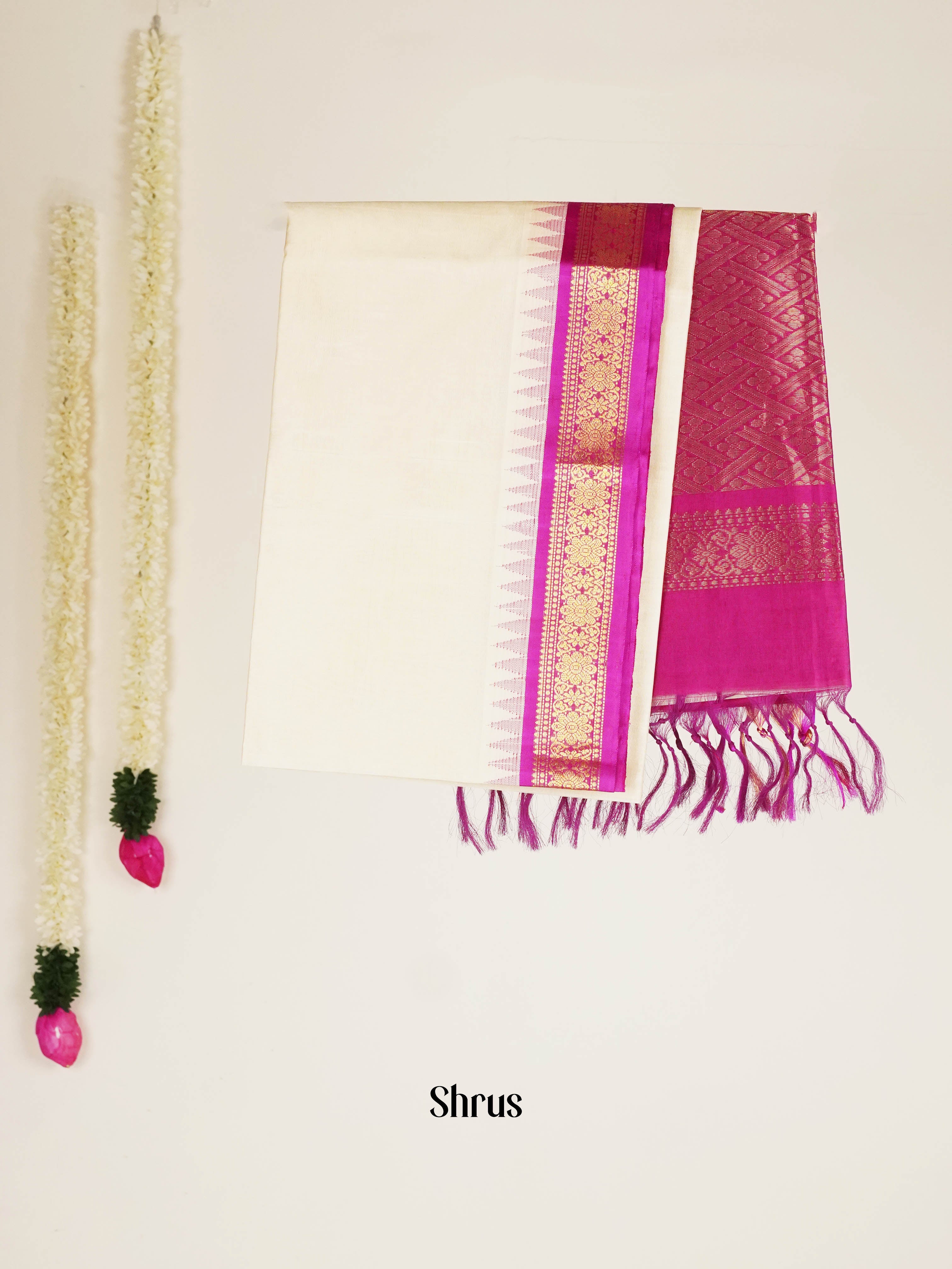 Cream & Pink - Silk Cotton Saree - Shop on ShrusEternity.com