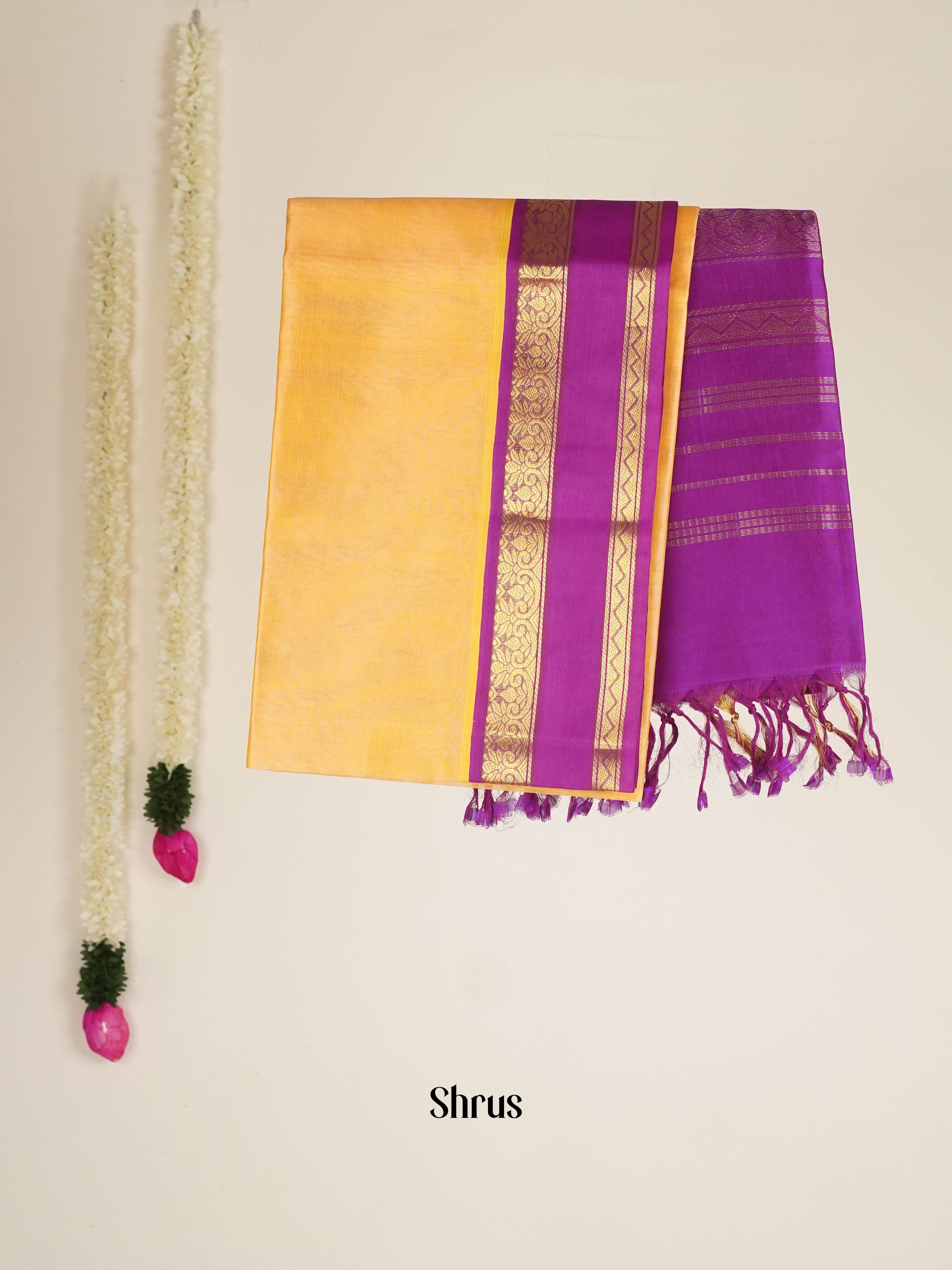Yellow & Purple - Silk Cotton Saree - Shop on ShrusEternity.com