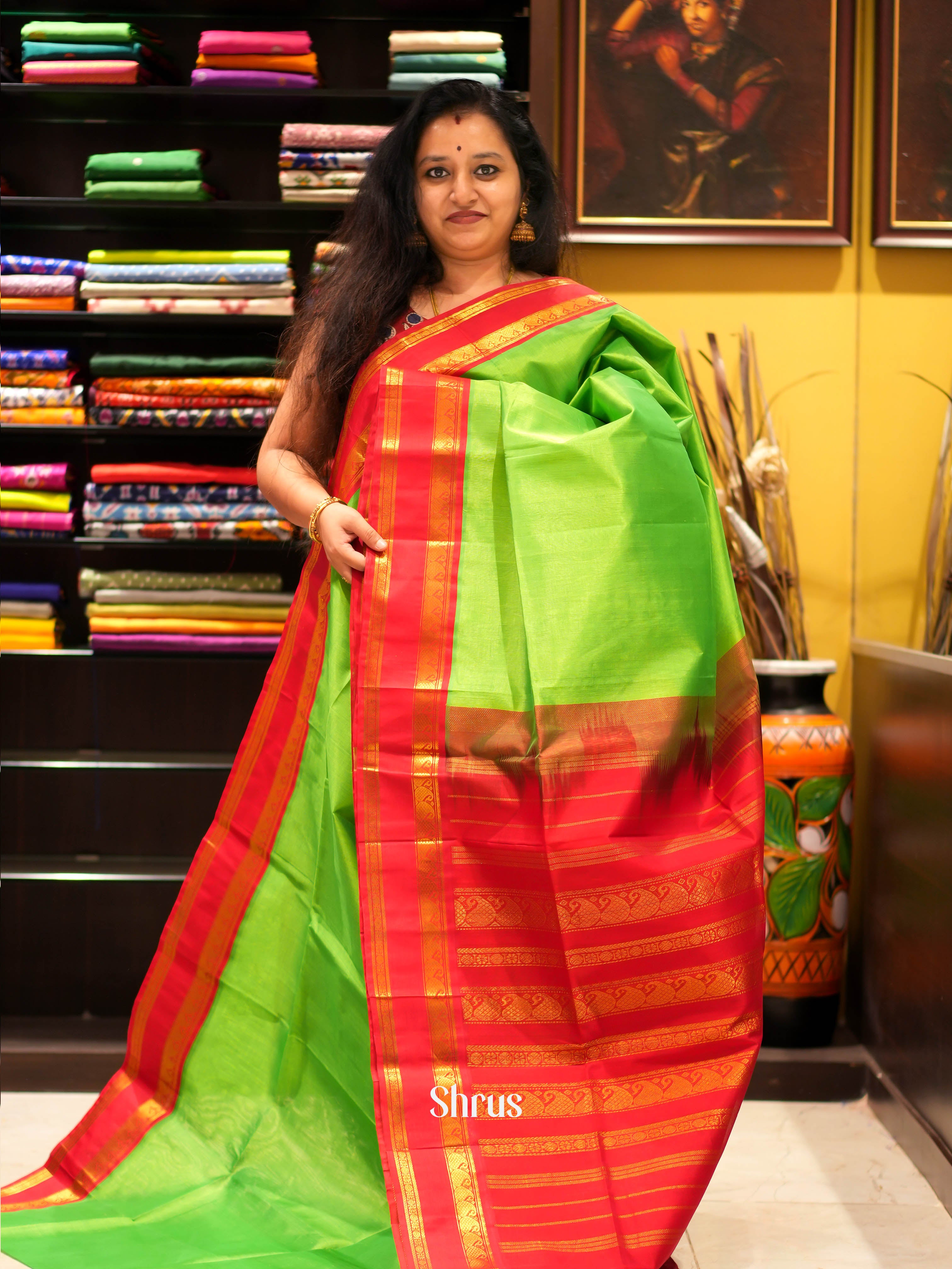 Green & Red - Silk Cotton Saree - Shop on ShrusEternity.com