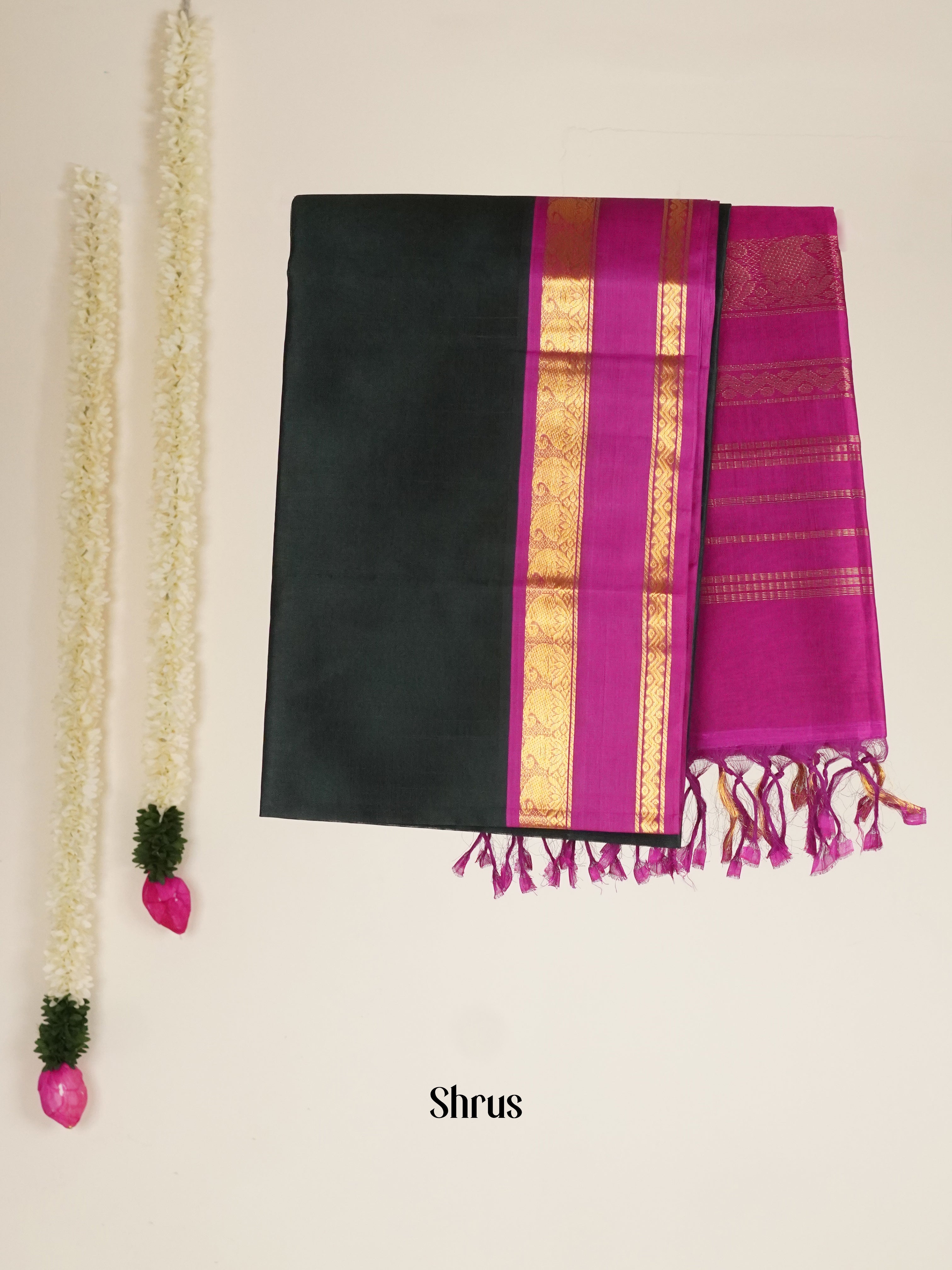 Bottle Green & Pink - Silk Cotton Saree - Shop on ShrusEternity.com