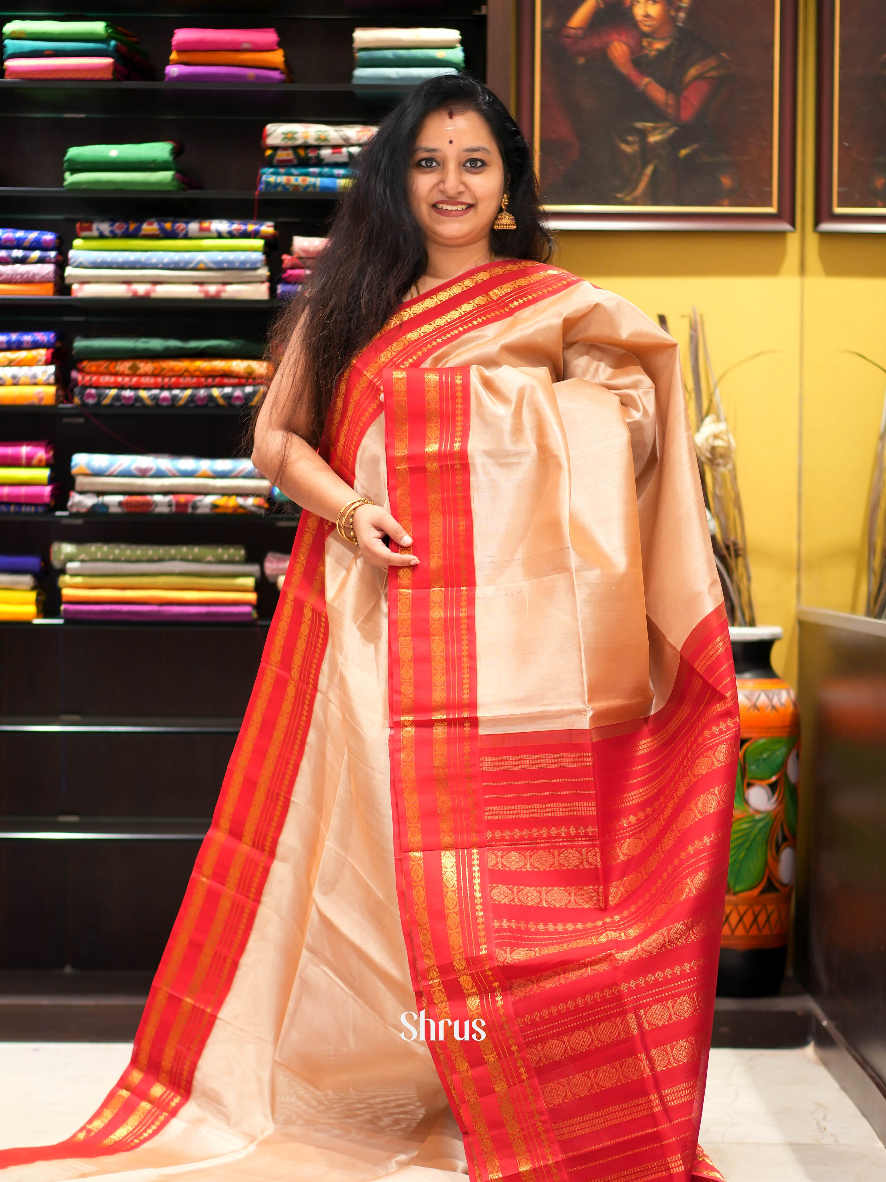 Beige & Red - Silk Cotton Saree - Shop on ShrusEternity.com