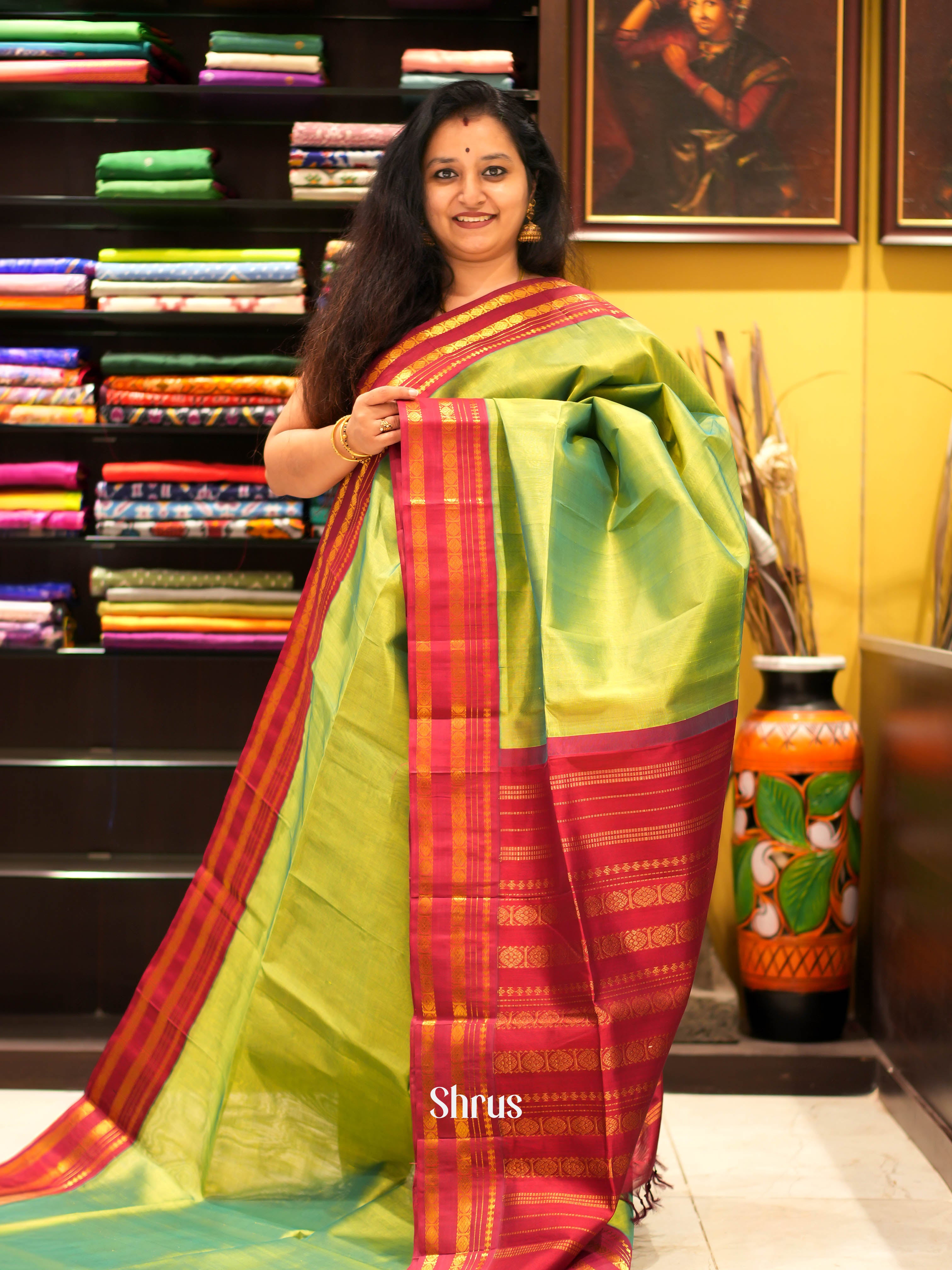 Green & Red - Silk Cotton Saree - Shop on ShrusEternity.com
