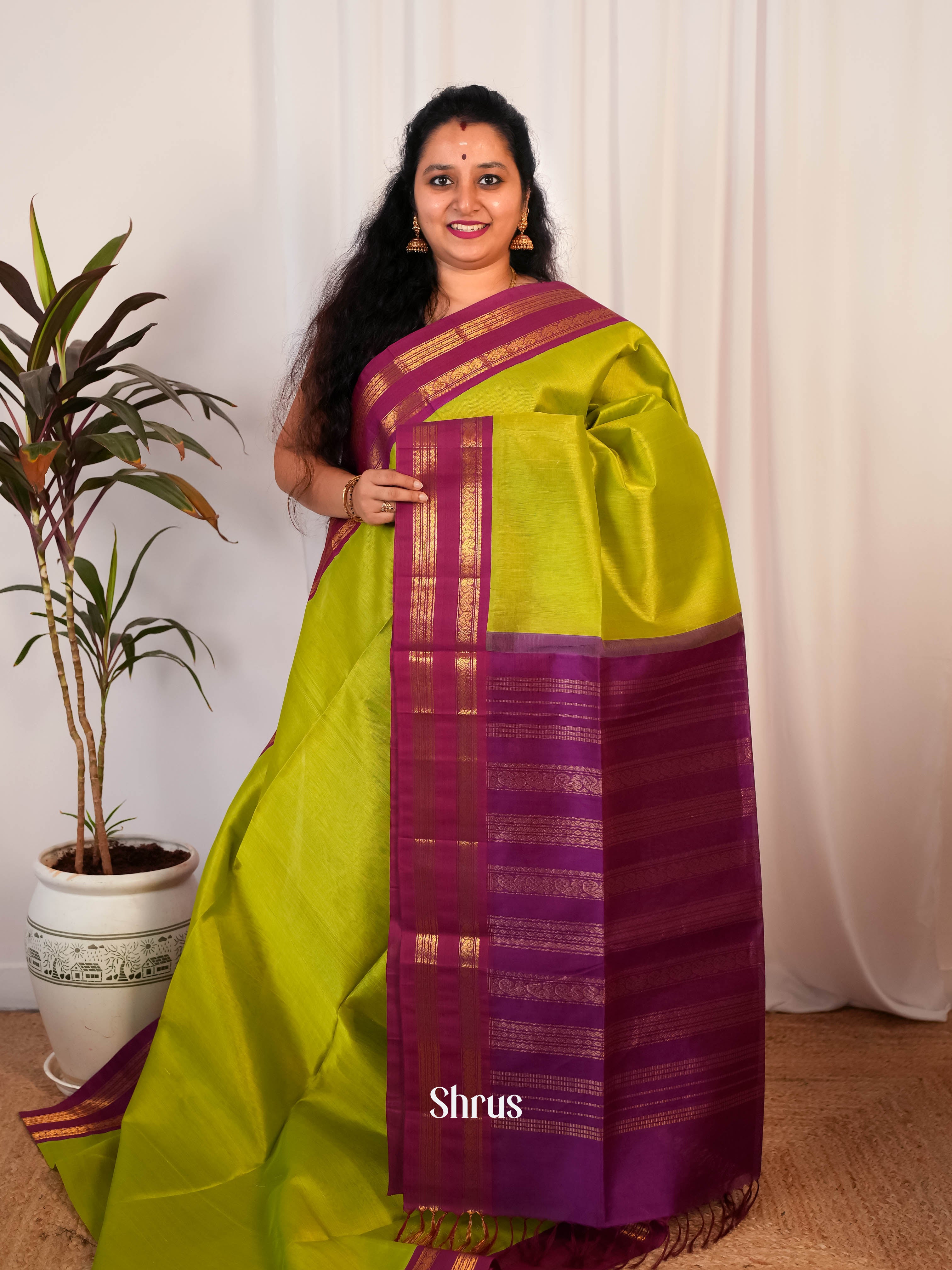 Green & Pink - Silk Cotton Saree - Shop on ShrusEternity.com