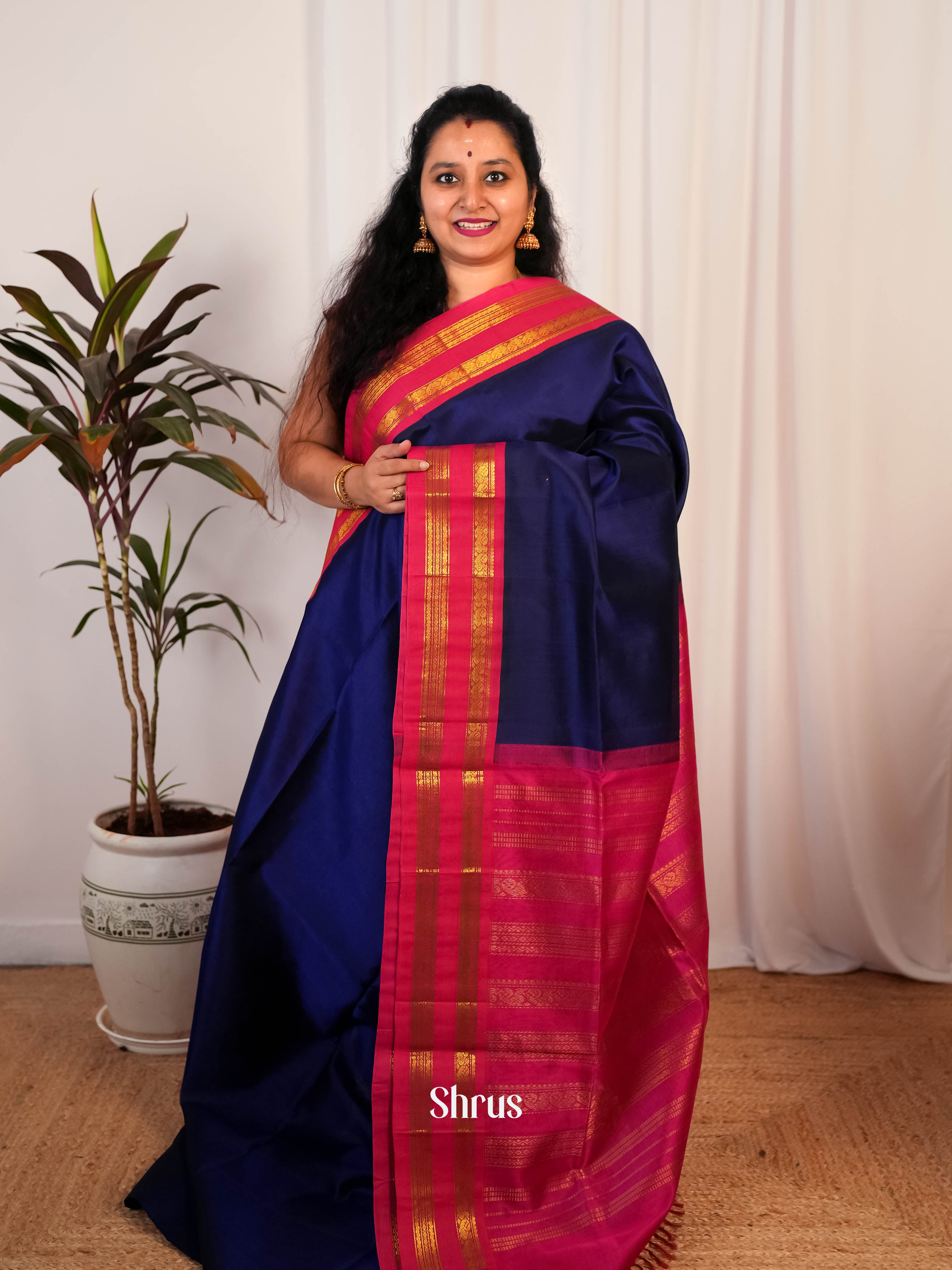 Blue & Pink - Silk Cotton Saree - Shop on ShrusEternity.com