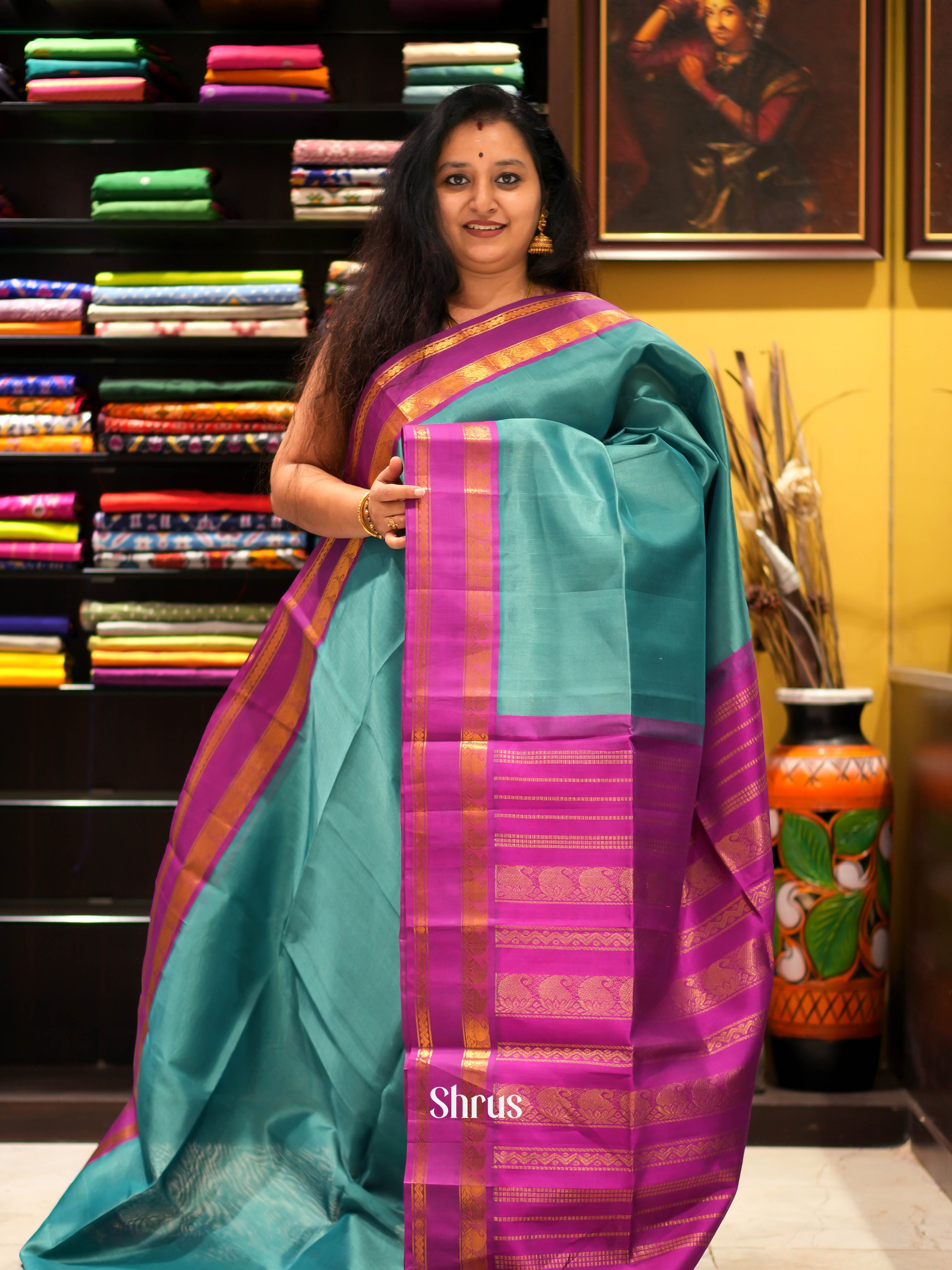 Green & Pink - Silk Cotton Saree - Shop on ShrusEternity.com