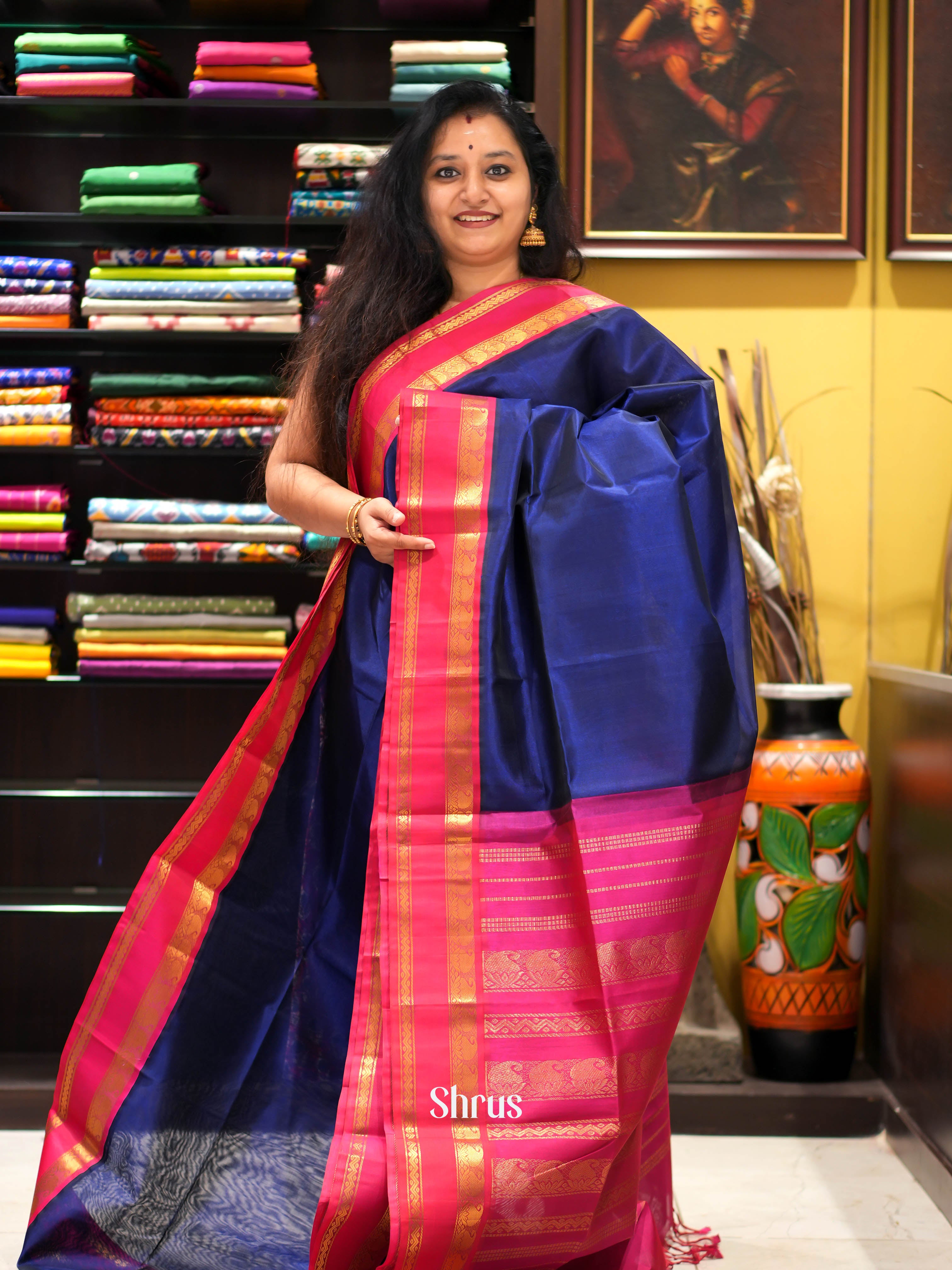 Blue & Pink - Silk Cotton Saree - Shop on ShrusEternity.com