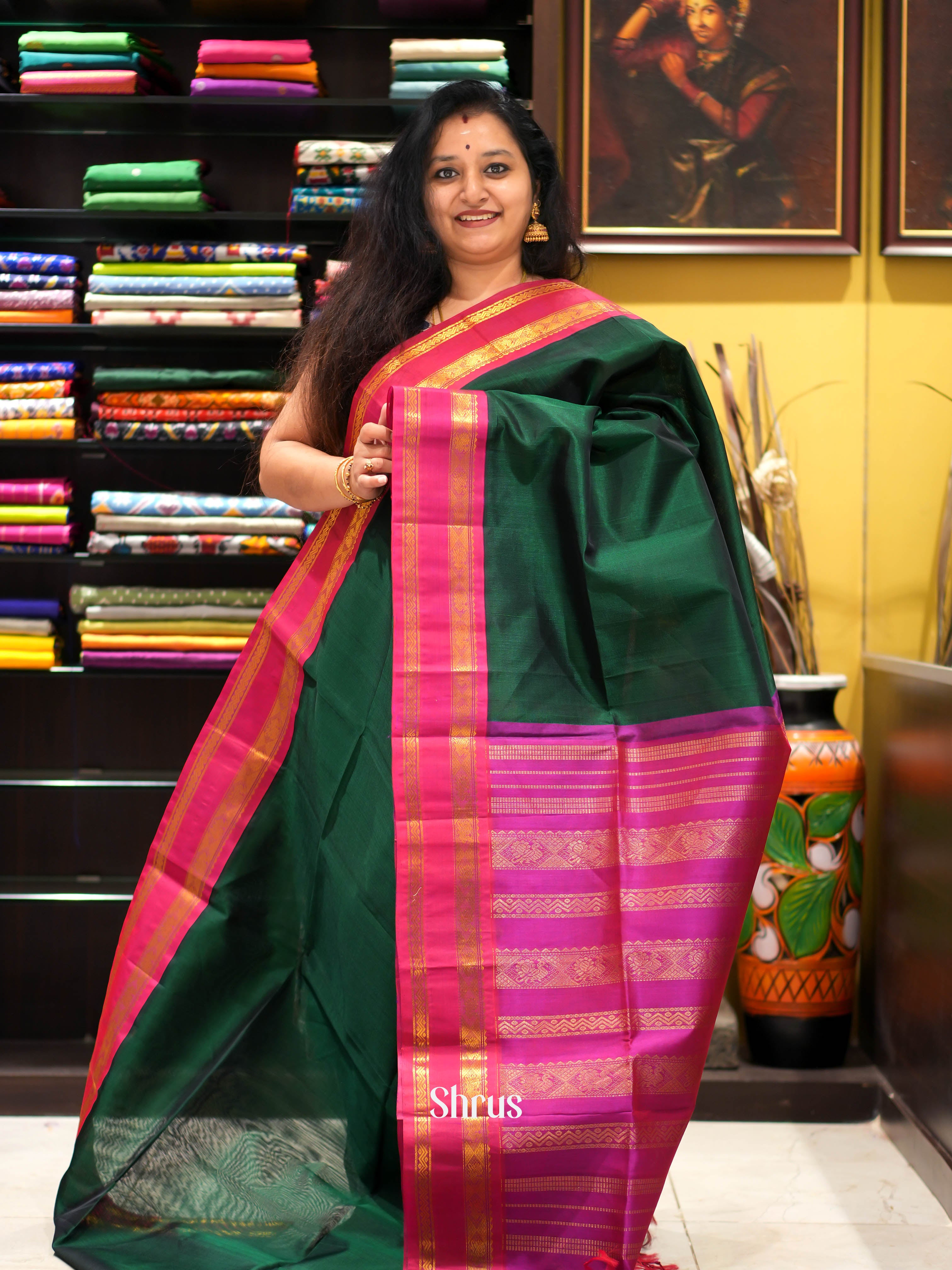 Green & Pink - Silk Cotton Saree - Shop on ShrusEternity.com