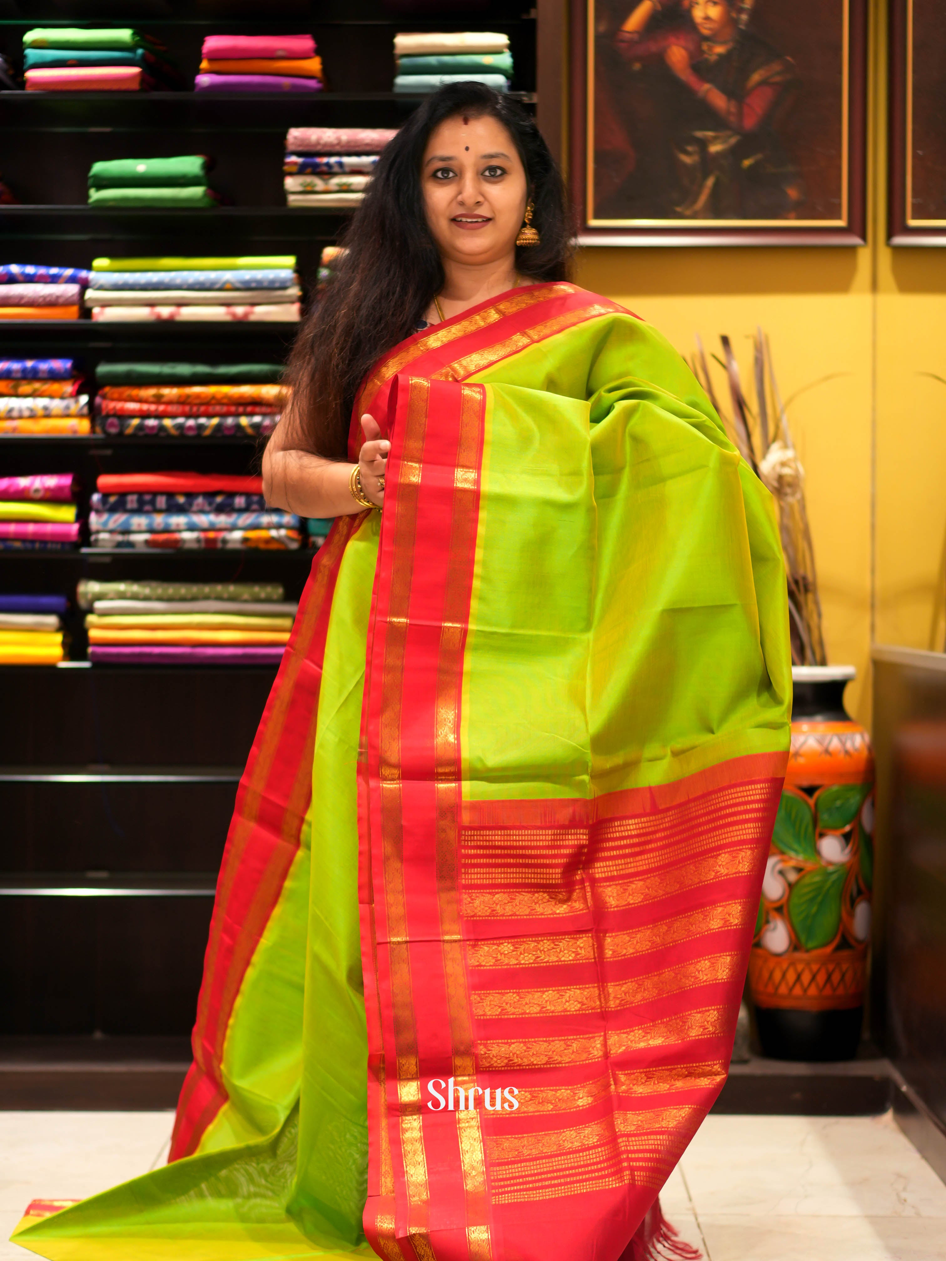 Light Green & Red - Silk Cotton Saree - Shop on ShrusEternity.com