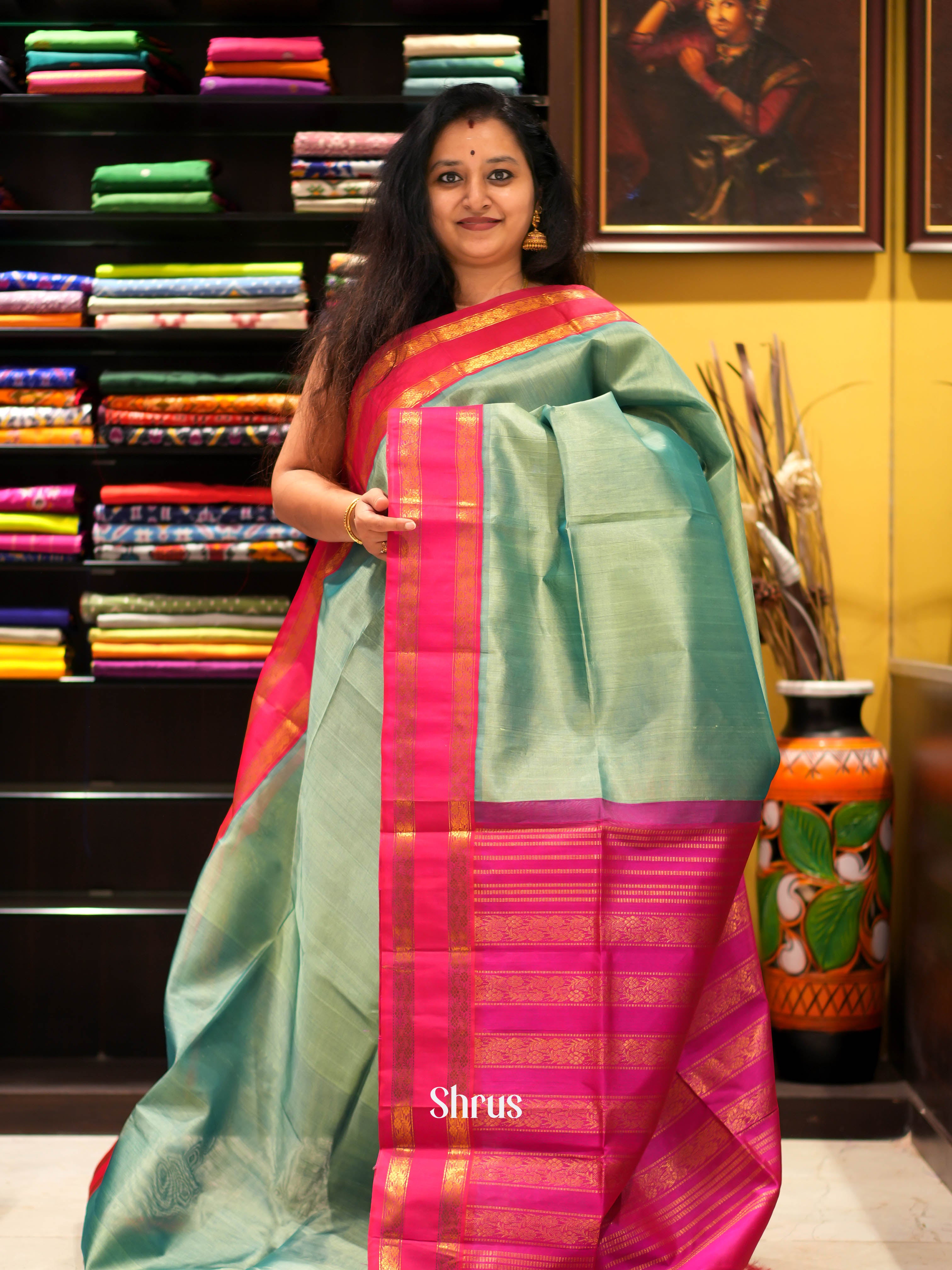 Green & Pink - Silk Cotton Saree - Shop on ShrusEternity.com