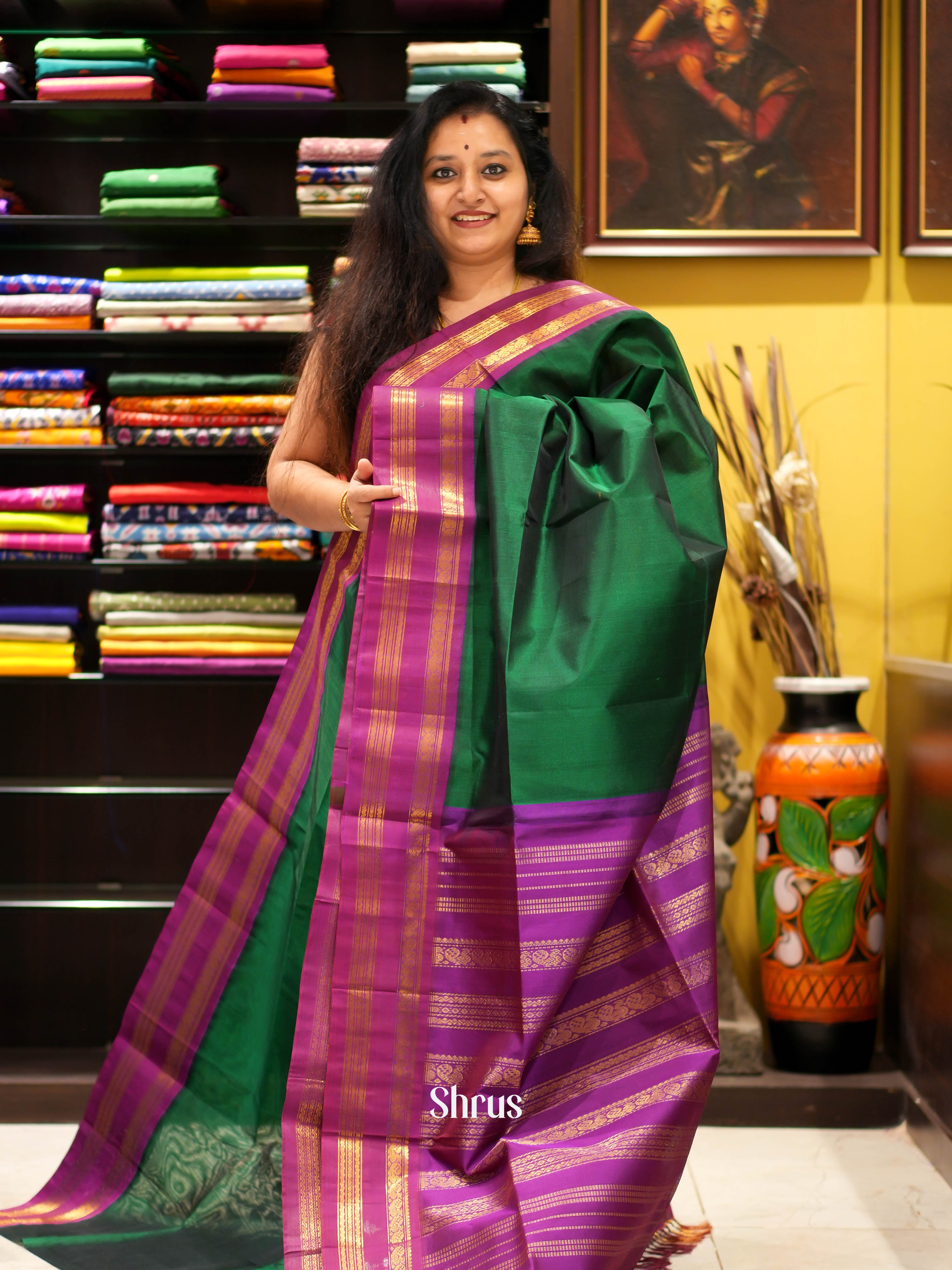 Green & Majenta - Silk Cotton Saree - Shop on ShrusEternity.com
